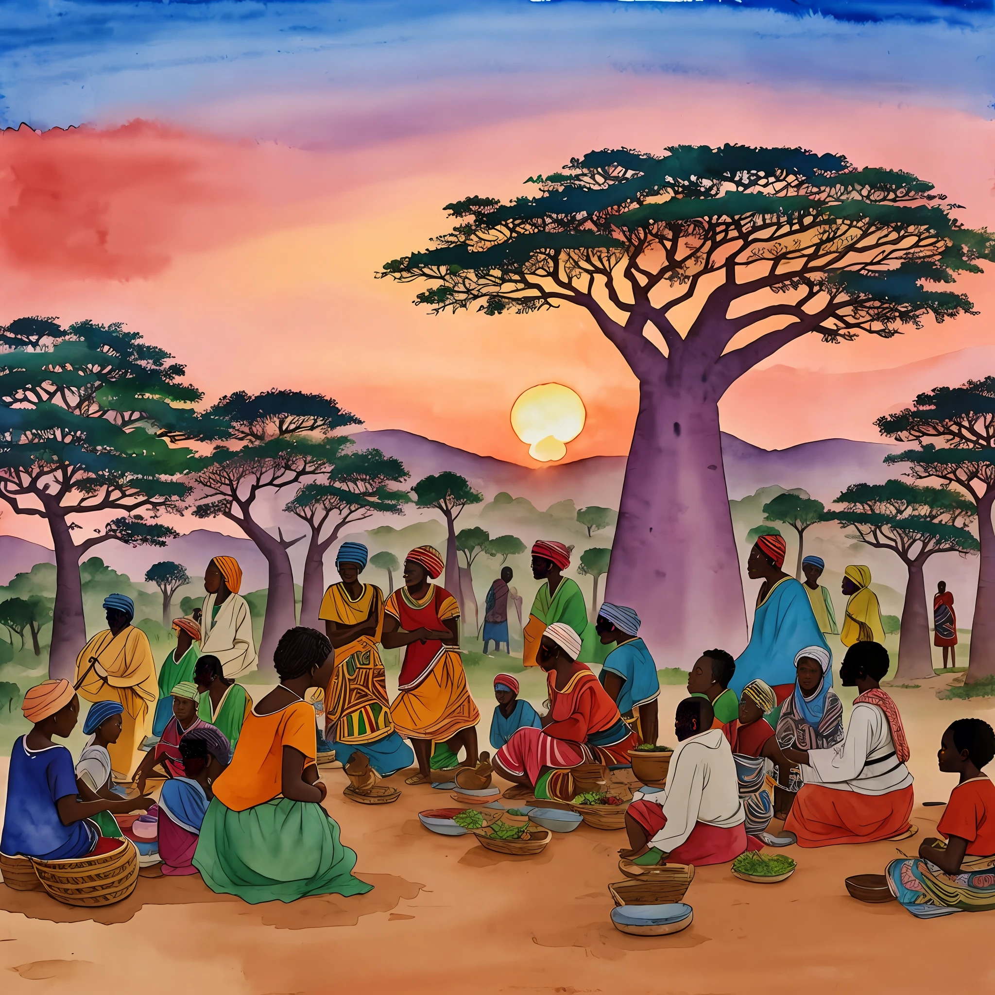 A watercolor painting shows vibrant African villagers engaging in community activities and valuing their cultural heritage against a backdrop of rolling hills, baobab trees and a radiant sunset --auto --s2