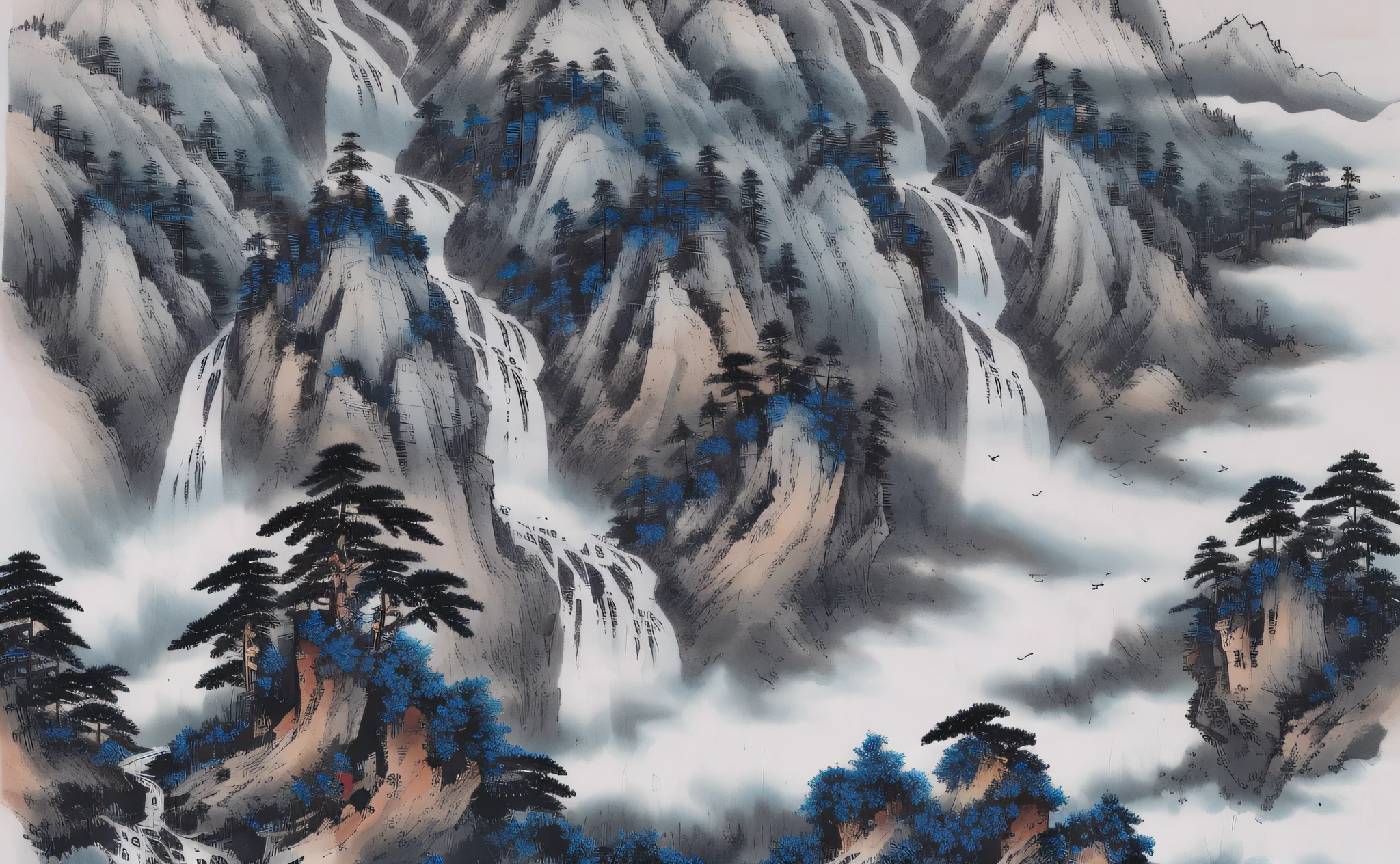 ((materpiece)), ((best quality)), ((high-res)),((extremly details)), ((Ink wash)), ((artist)), a painting of longly mountain and pine_tree, branch, no_humans, outdoors, scenery, birds, waterfall, indigo paint, zulishisong_style_mountains