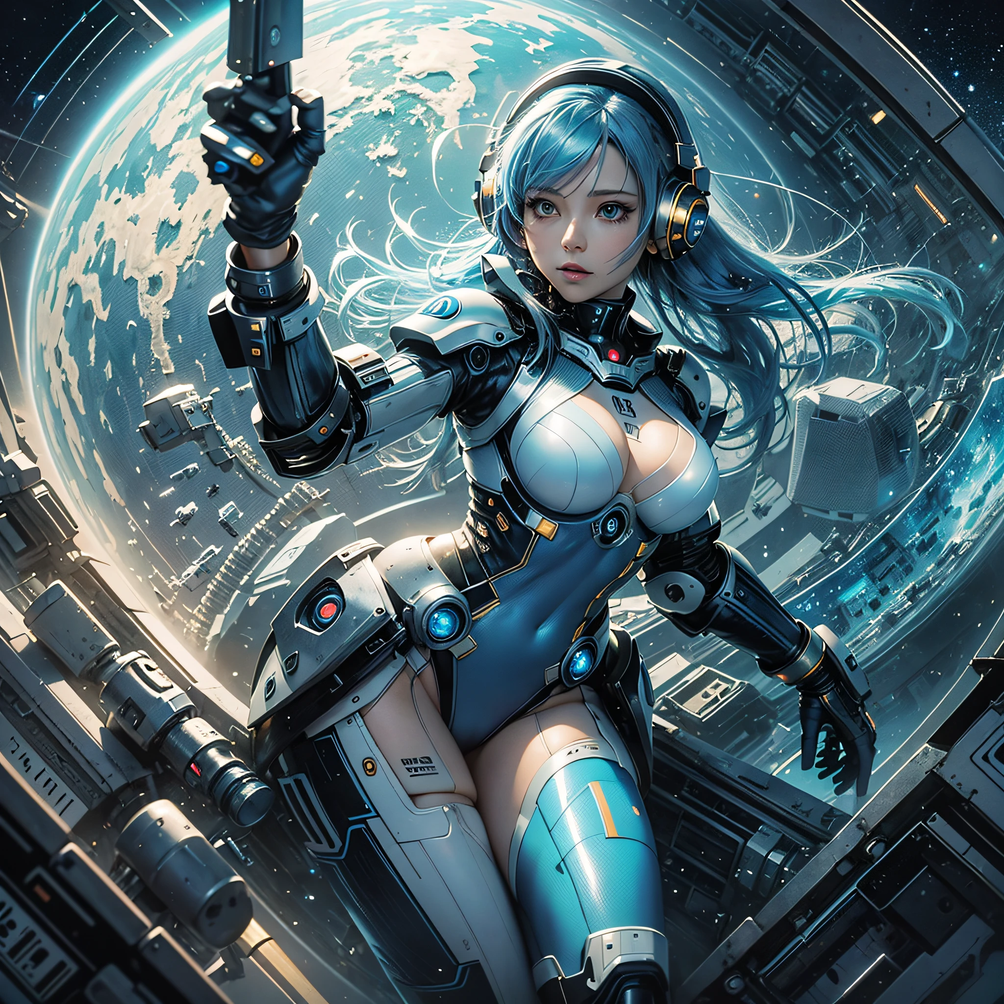 Full body, blue hair, blunt van, masterpiece, top quality, official art, album art, very elaborate CG Unity 8K wallpaper, lone girl, Japan girl, full body, super high resolution, (photorealistic: 1.4), dynamic angle, dynamic pose, mystical power, floating particles, reflection, so cute, sparkling blue color eyes, golden hour lighting, Pilot suit in white and blue and black colors, tight fitting clothes, full-body covering clothes, knee boots, (puffy eyes), viewer looking, front-facing, beauty, medium breasts, shirt lift, metal wire, slim body, arm-length gloves, anime heroine, gentle smile, headset, helmet, detailed robot cockpit, super futuristic space