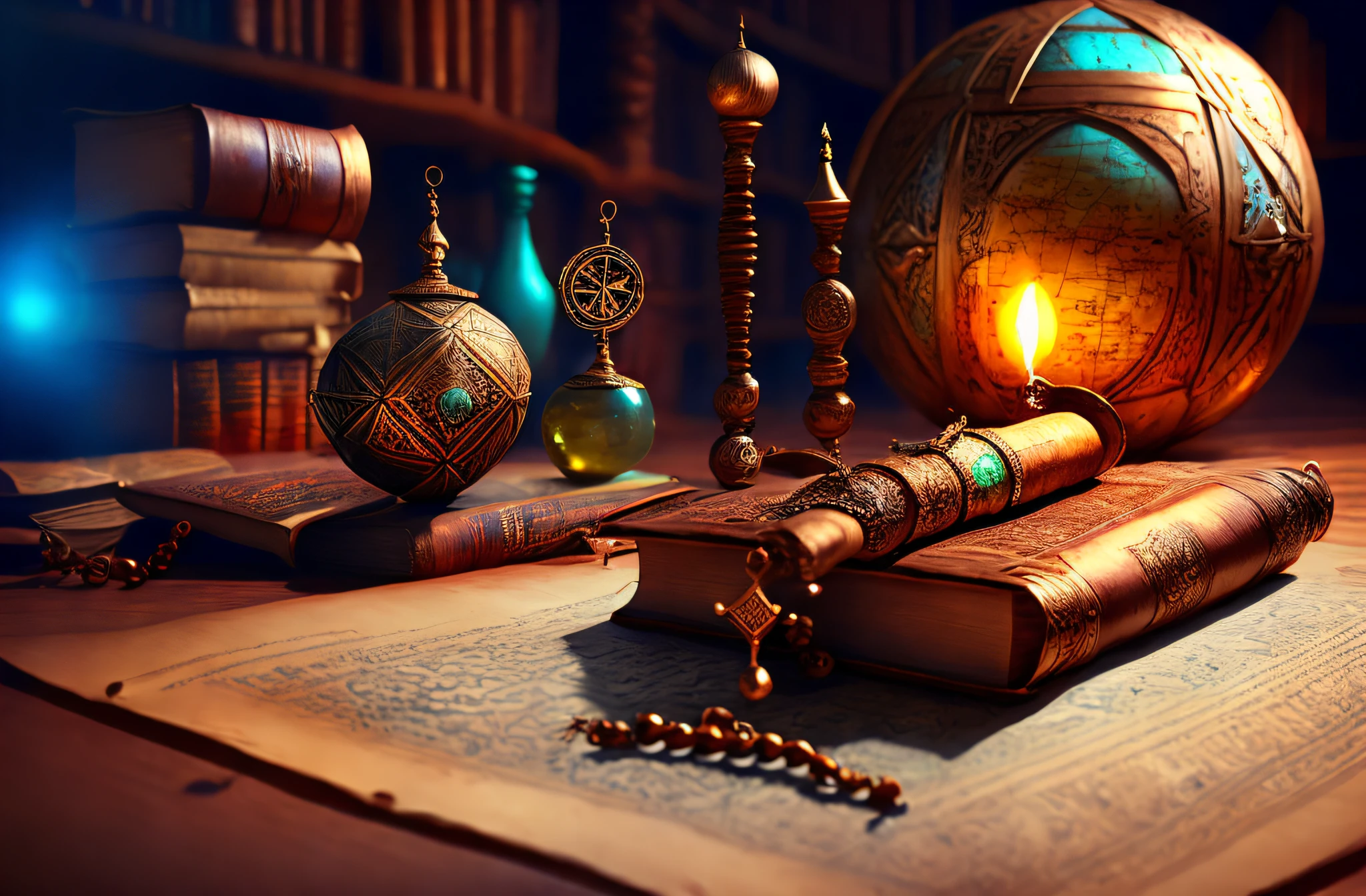 Arabian oold Magic scrolls and books in medieval library  Muslim rosary compass   Muslim rosary compass, maps, copper legs, globe model, and colored bottles Magic hour, professional photography, octane render, hyper realistic - amazing sunlight, Dynamic composition, Photography, Sharp focus, Bokeh