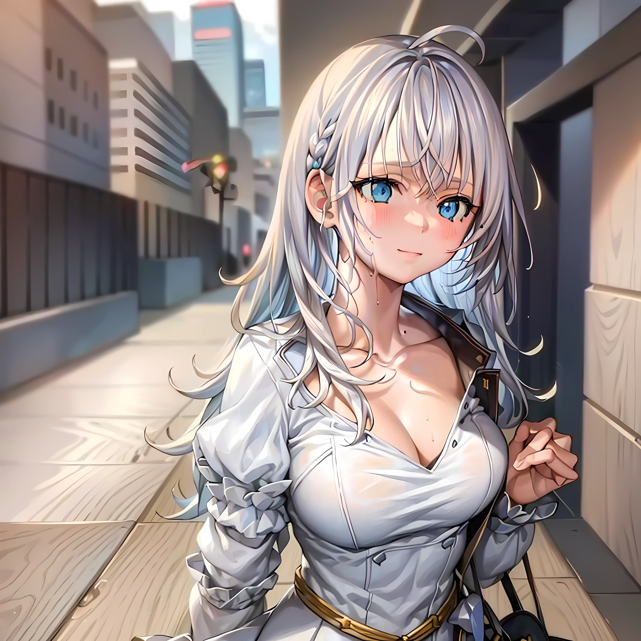 clothes reflecting light, (light diffraction on skin: 1.35), (glossy skin: 1.55), (iridescence effect: 1.55),anime, a woman with white hair and blue eyes smiling seductively is standing in a room, , process art, seductive anime girl, **** in dress, visual anime of a cute girl, girl with perfect white hair, anime moe artstyle,  fine details. Girls Frontline, From Girls Frontline, A Hyperrealistic Schoolgir, Anime Girl Wearing White Shirt with Blue Hair, Breasts, 1Girl, Neckline, Shirt, Long Hair, Blue Eyes, Drowning, Solo, White Shirt, Big Breasts, Wet, Wet Clothes, Blush, Short Sleeves, Bangs,(Masterpiece, Best Quality, Ultra-Detailed: 1.6), Illustration, (Solo, 1 Girl, Beautiful Detailed Eyes: 1.2), City, Street,Making a Heart with Your Fingers, Expression of girl in love