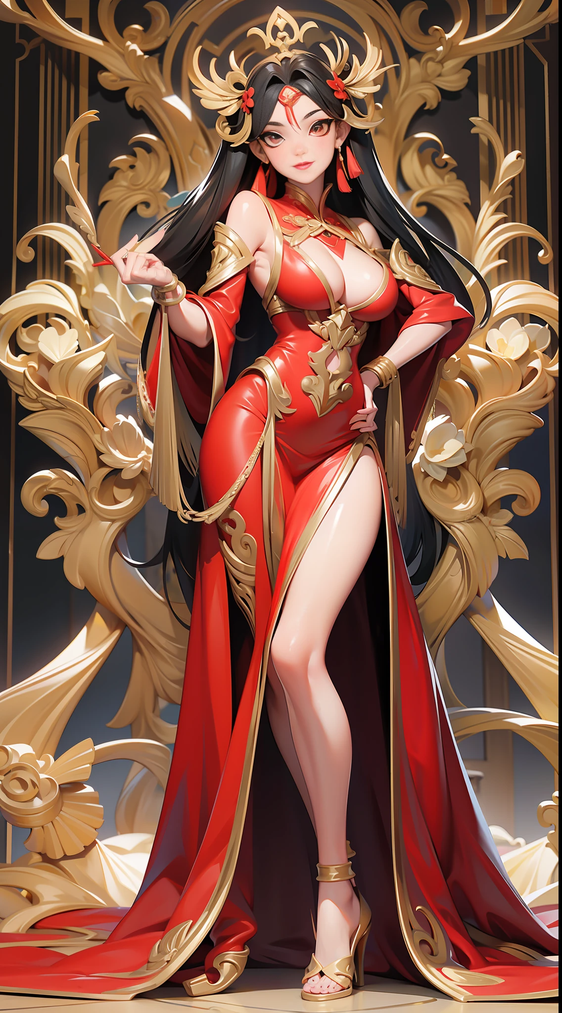 full body picture Unreal Engine 5 8K UHD of beautiful female, red Vietnamese dress, goddess, red heels, gold accessories, lovely face, beautiful make up, best quality, masterpiece