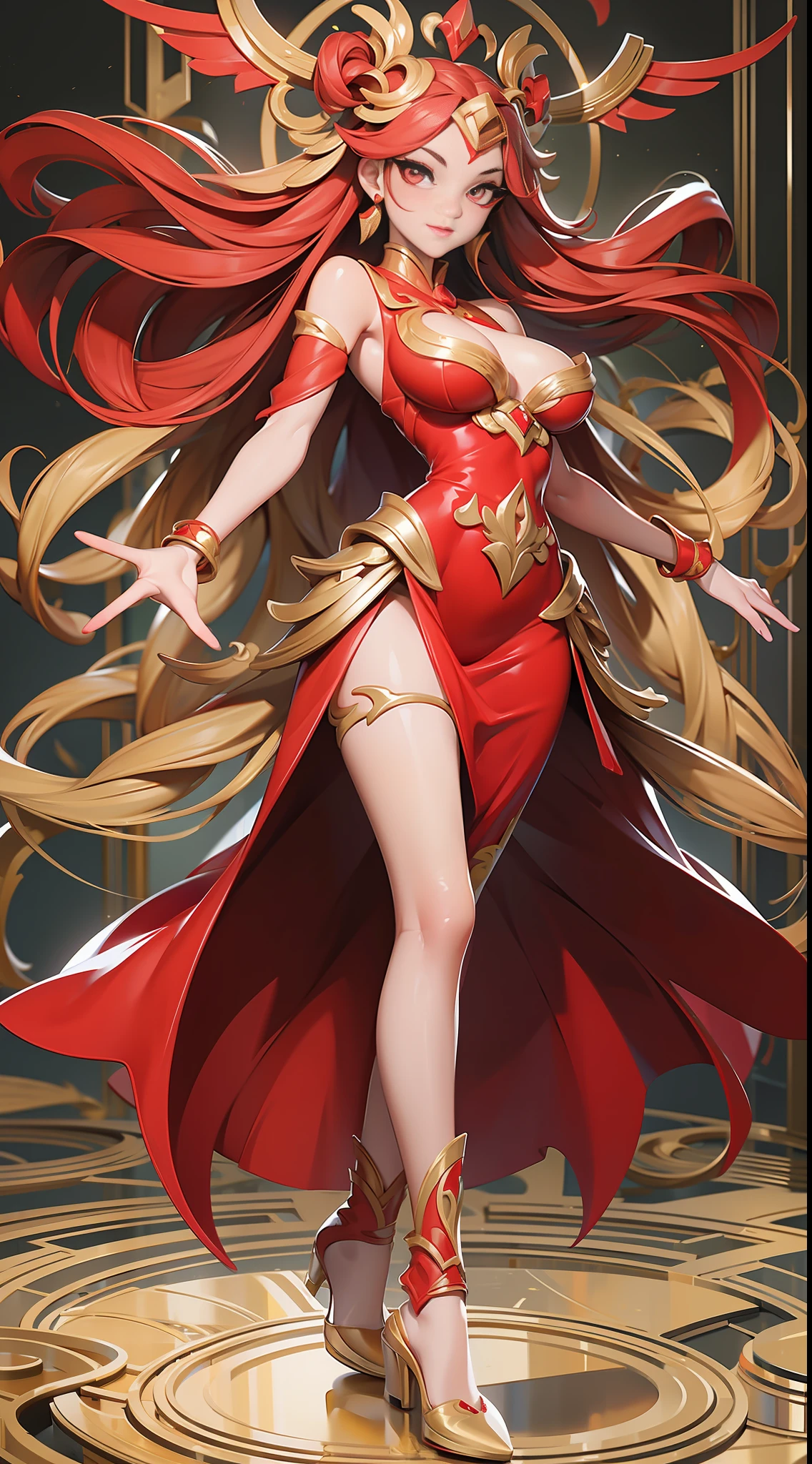 full body picture Unreal Engine 5 8K UHD of beautiful female, red Vietnamese dress, goddess, red heels, gold accessories, lovely face, beautiful make up, best quality, masterpiece