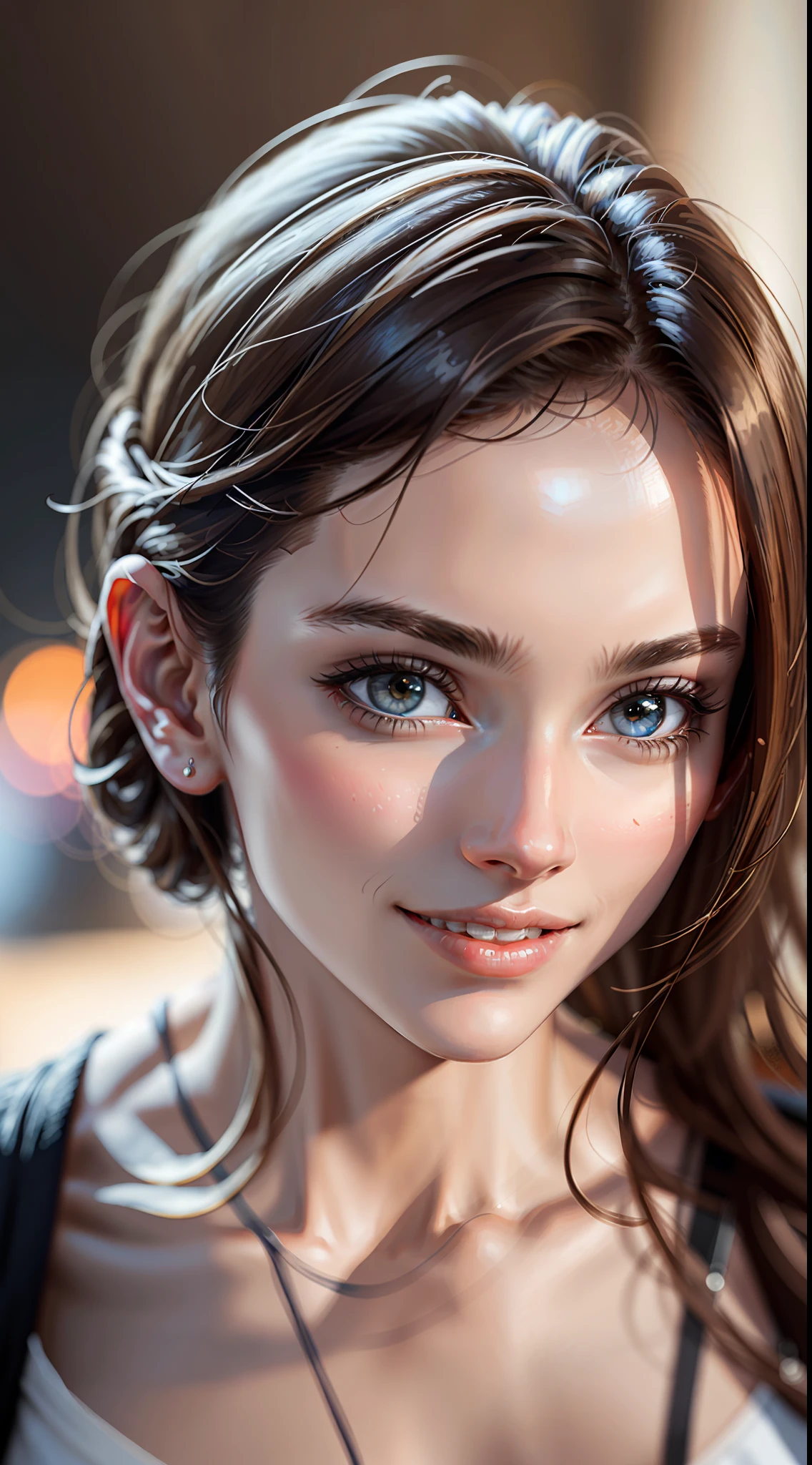 masterpiece, maximum quality, ultra high resolution, 8k, Daniela Melchior, full body, very thin, very detailed face, face totally identical to film, detailed eyes, cheerful smile, smooth and soft pellet, wearing a micro short and micro t-shirt, realistic photo