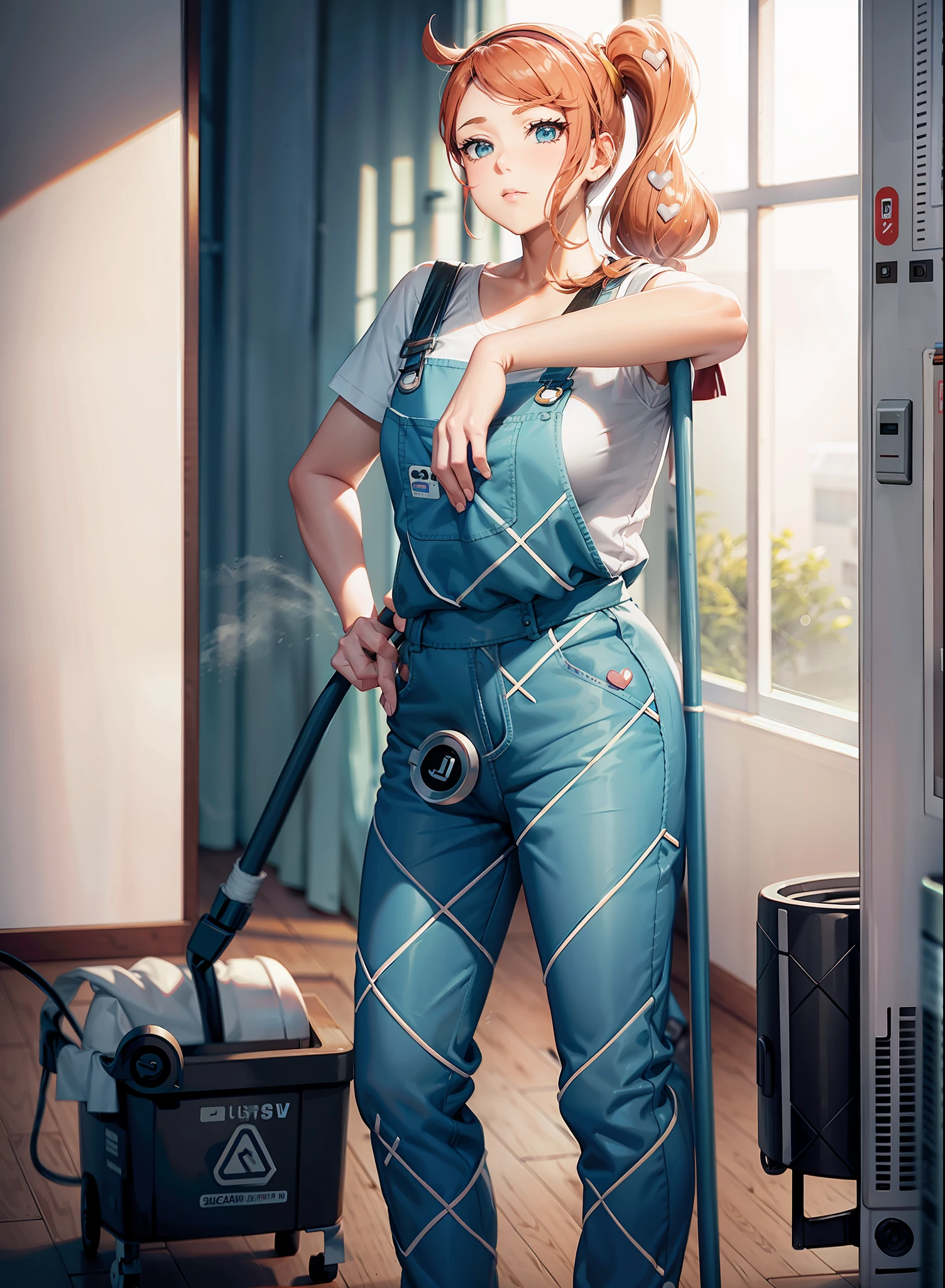 sonia
side ponytail
heart hair ornament, cleaning mopping, working as a janitor, pretty, tight janitor overalls