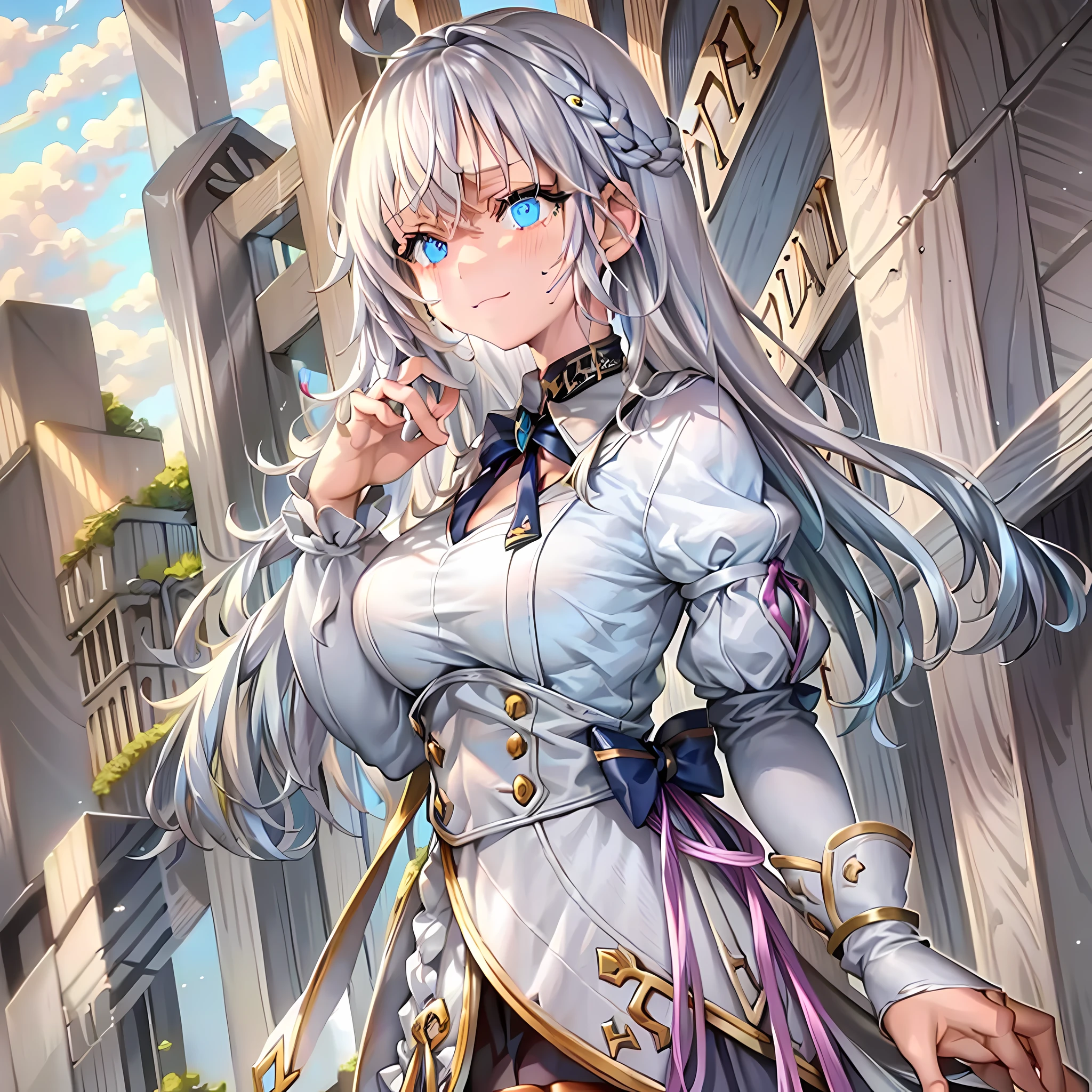 clothes reflecting light, (light diffraction on skin: 1.35), (glossy skin: 1.55), (iridescence effect: 1.55),anime, a woman with white hair and blue eyes happy, smiling seductively is standing in a room, , process art, seductive anime girl, **** in dress, visual anime of a cute girl, girl with perfect white hair, anime moe artstyle,  fine details. Girls Frontline, From Girls Frontline, A Hyperrealistic Schoolgir, Anime Girl Wearing White Shirt with Blue Hair, Breasts, 1Girl, Neckline, Shirt, Long Hair, Blue Eyes, Drowning, Solo, White Shirt, Big Breasts, Wet, Wet Clothes, Blush, Short Sleeves, Bangs,(Masterpiece, Best Quality, Ultra-Detailed: 1.6), Illustration, (Solo, 1 Girl, Beautiful Detailed Eyes: 1.2), City, Street,Making a Heart with Your Fingers, Expression of girl in love