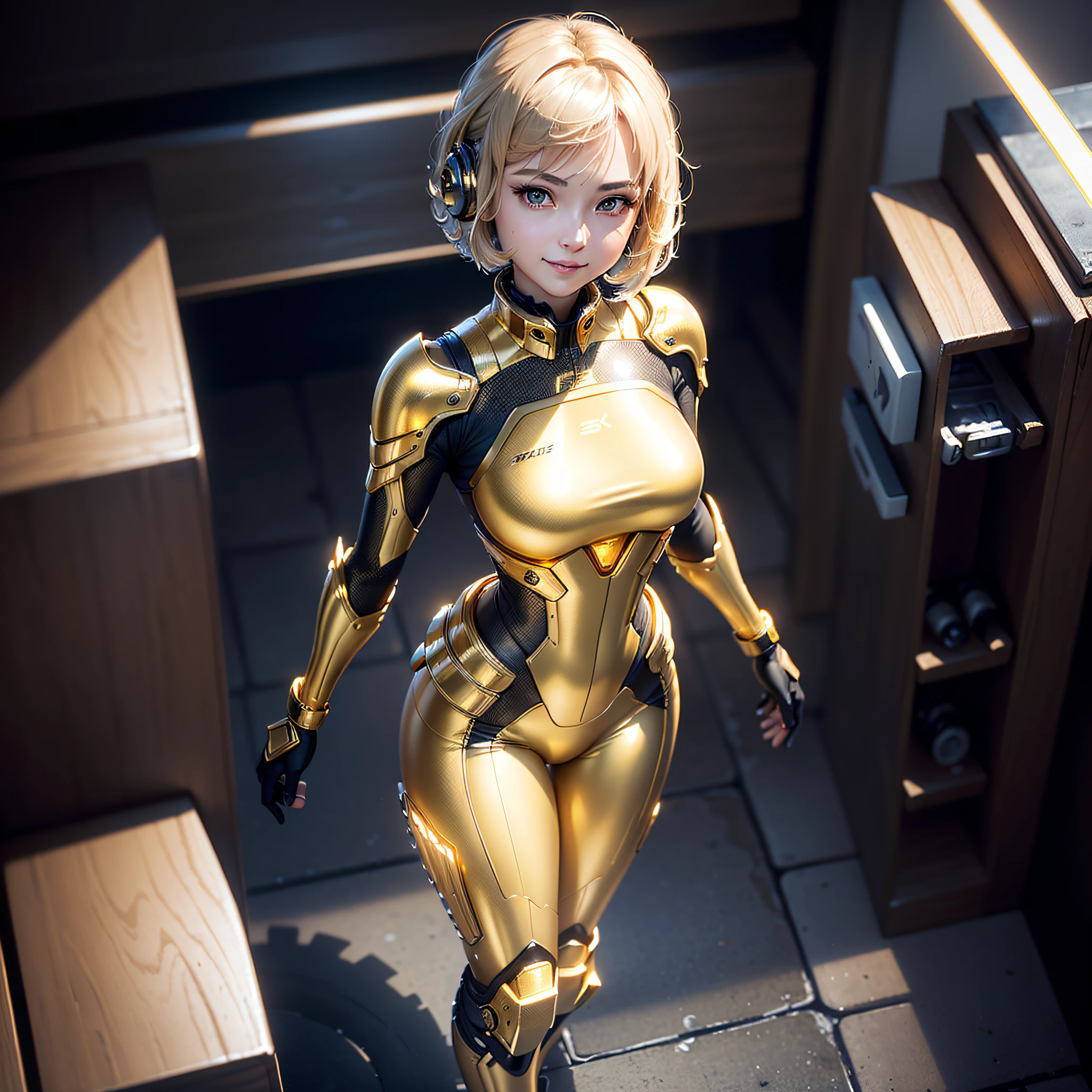 (Masterpiece, highest quality, highest resolution, distinct_image, very elaborate CG, cinematic lighting, ray tracing, drop shadows, detailed detail, (photorealistic: 1.4), high quality textures, fine-grained, realistic face expression): (single girl, face is Japan, girl with golden hair, short hair, small size breasts, Sparkly black color eyes, eye level shots, metallic golden flight suit, tight fit clothes, full body covering clothes, light smile, beauty, slim body, exoskeleton, heroine, headset, long boots, gloves)