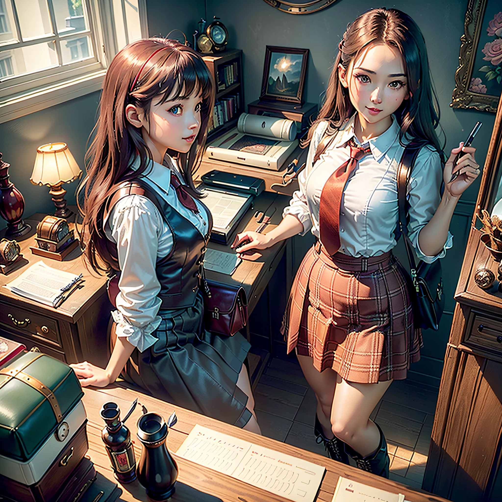 (Masterpiece, Best Quality, Best Resolution, distinct_image, Very Elaborate CG, Cinematic Lighting, Ray Tracing, Drop Shadows, Detailed Detail, (Photorealistic: 1.4), High Quality Textures, Detailed, Realistic Face Expression): (Girl Alone, Face Japan People, (Crimson Long Hair: 1.2), Small Size Breasts, Sparkly red eyes, eye level shots, happy smile, beauty, slim body, holiday, own room, console games, computer, display, keyboard, mouse, red checked skirt, white shirt with collar, leather vest, cardian, handgun holder, leather bag on back, long boots, antique radio, coffee, Model Train, Bookcase, Wooden Chair, Pot, Fan, Painting, Stuffed Animal, Tie, Notebook, Stationery, Vase, Photo Frame, Letter, Fountain Pen, Calendar, Lamp, Cushion, Basket, Profile Mirror, Candle, Newspaper, Sweets, Park View Outside the Window, Telephone, Fruit, Telescope, Retro TV)