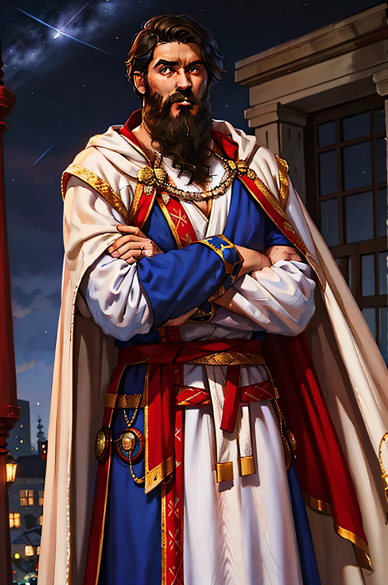 1boy, athletic man wearing white robe and robe, black hair, multicolored beard, blue eyes, red cape, arms crossed, night, realistic