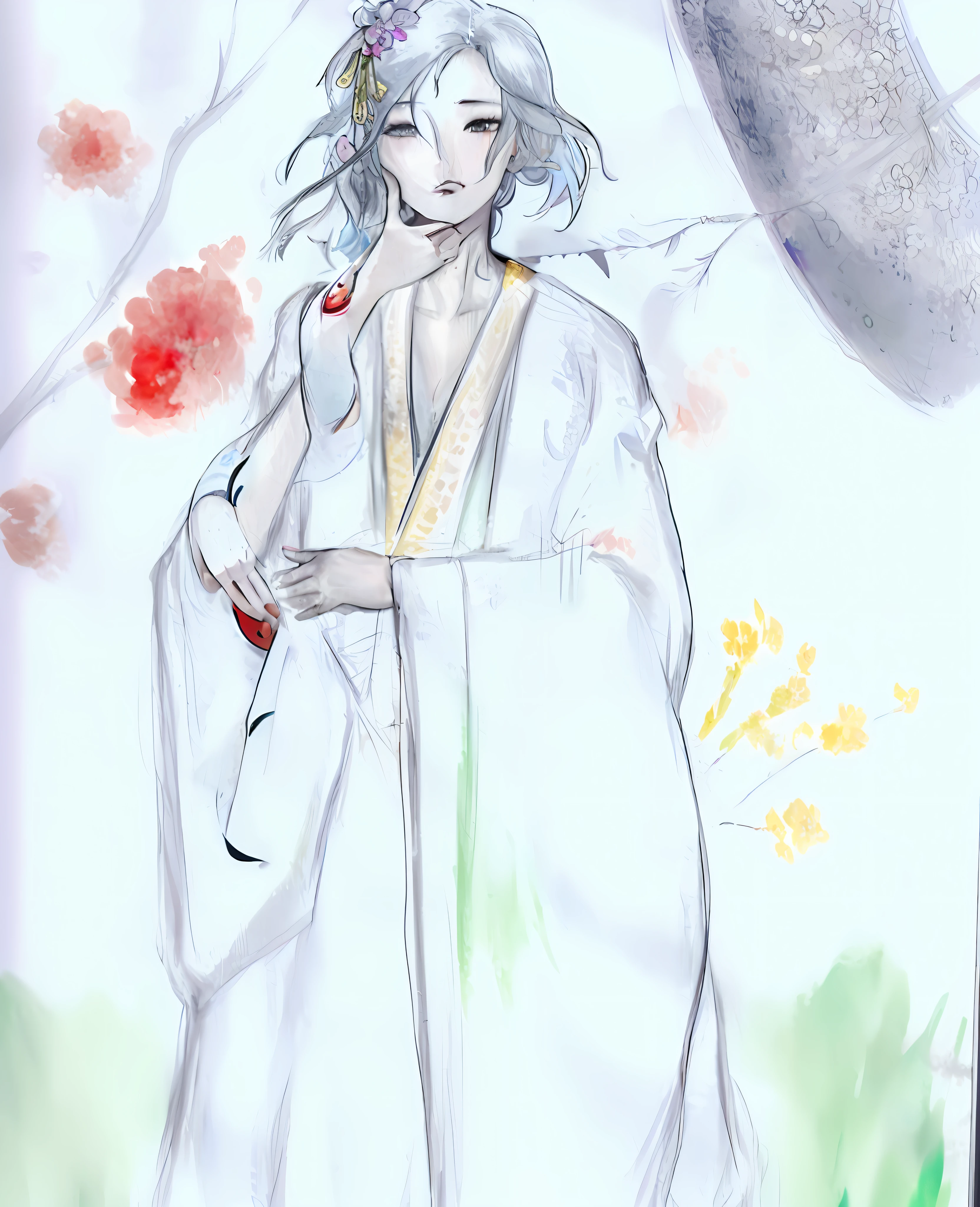 White snake crawling on woman's body, snake with red eyes, snake in watercolor style illustration