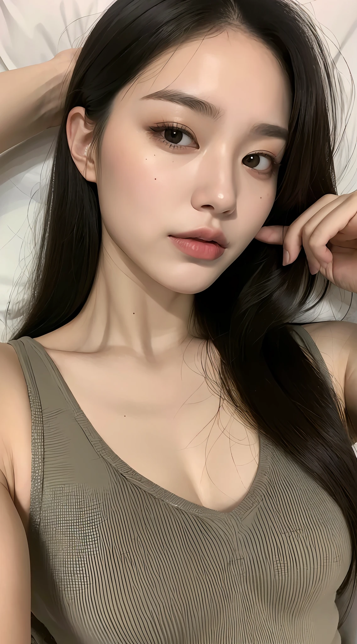 ((Top quality, 8k, Masterpiece: 1.3)), beauty, hidden face, 1 girl, beauty: 1.3, slender abs: 1.1, camisole vest, long black hair, (lying in bed), ultra-detailed face, highly detailed lips, detailed eyes, double eyelids