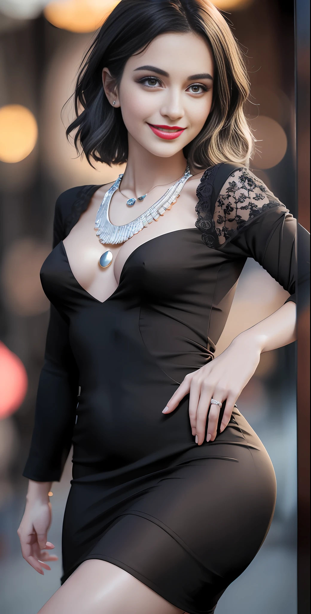 Best quality, masterpiece, high_res, girl, hair decoration, necklace, jewelry, beautiful detailed face, gray eyes, red full lips, big smile, face makeup, black hair, 
Short Hair, International Fashion, High Wear, Full Body Cover, Tight Dress, Full Body Detailed, Europe Effect, Multiplicity, Realistic Photos, Edge Lighting, Two-Tone Lighting, (High Detail Skin: 1.2), 8K UHD, DSLR, Soft Lighting, High Quality, Volumetric Lighting, Candid, Photography, High Resolution, 4K, 8K, Bokeh, Ridiculous,