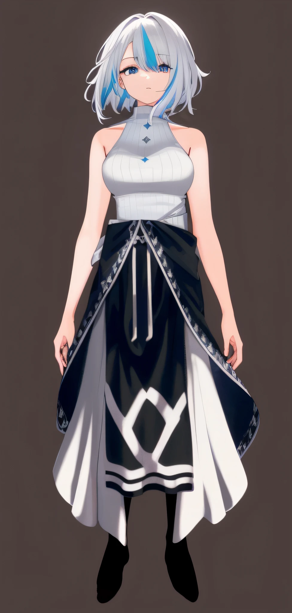 scan, (extremely detailed CG unity 8k wallpaper:1.1), highres, (1girl), (white hair), (short hair), (multicolored hair), (blue eyes), white dress, sleeveless,