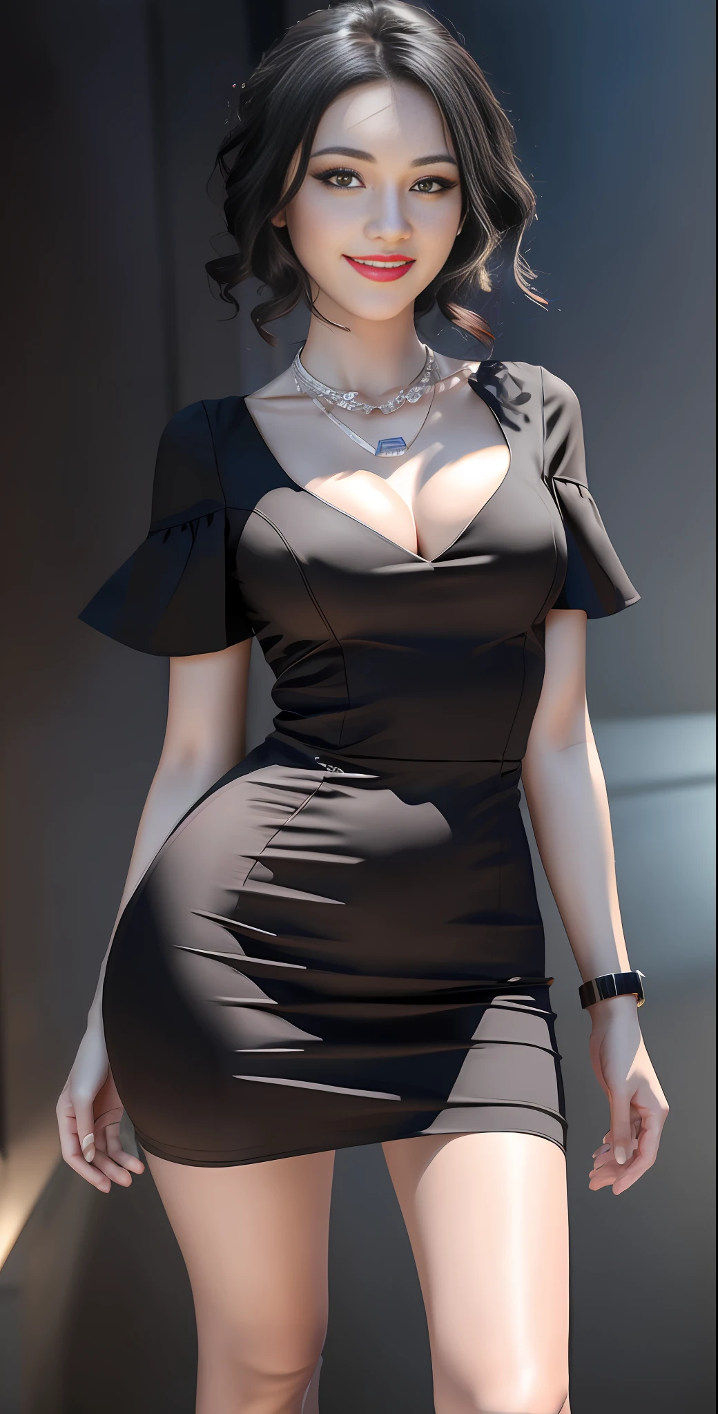 Best quality, masterpiece, high_res, girl, hair decoration, necklace, jewelry, beautiful detailed face, gray eyes, red full lips, big smile, face makeup, black hair,
Short Hair, International Fashion, High Wear, Full Body Cover, Tight Dress, Full Body Detailed, Europe Effect, Multiplicity, Realistic Photos, Edge Lighting, Two-Tone Lighting, (High Detail Skin: 1.2), 8K UHD, DSLR, Soft Lighting, High Quality, Volumetric Lighting, Candid, Photography, High Resolution, 4K, 8K, Bokeh, Ridiculous,