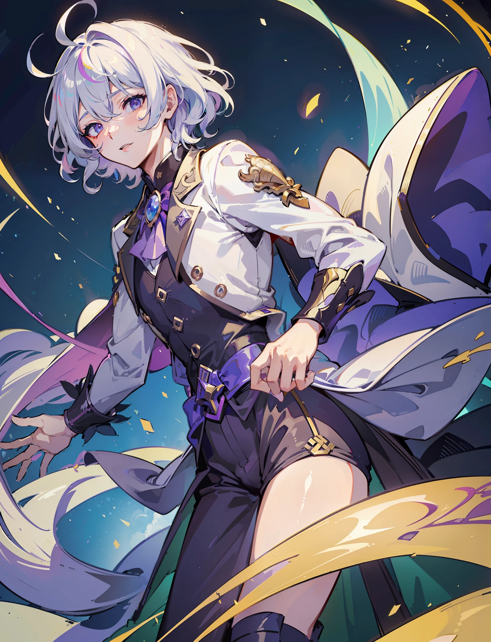 ((masterpiece)),(((best quality))),((character sheet,same character,front, side, different expressions, character design)),illustration,1 boy,a young Man,male,curly hair,hair on eyes,silver hair,beautiful eyes,environment Scene change, pose too, purple color palette, neon colors, magic particles, Rainbow eyes, ((unicorn horn)), one horn, magician, dancing, charturnbetalora, 8k,16k, (simple background, white background: 1.3)