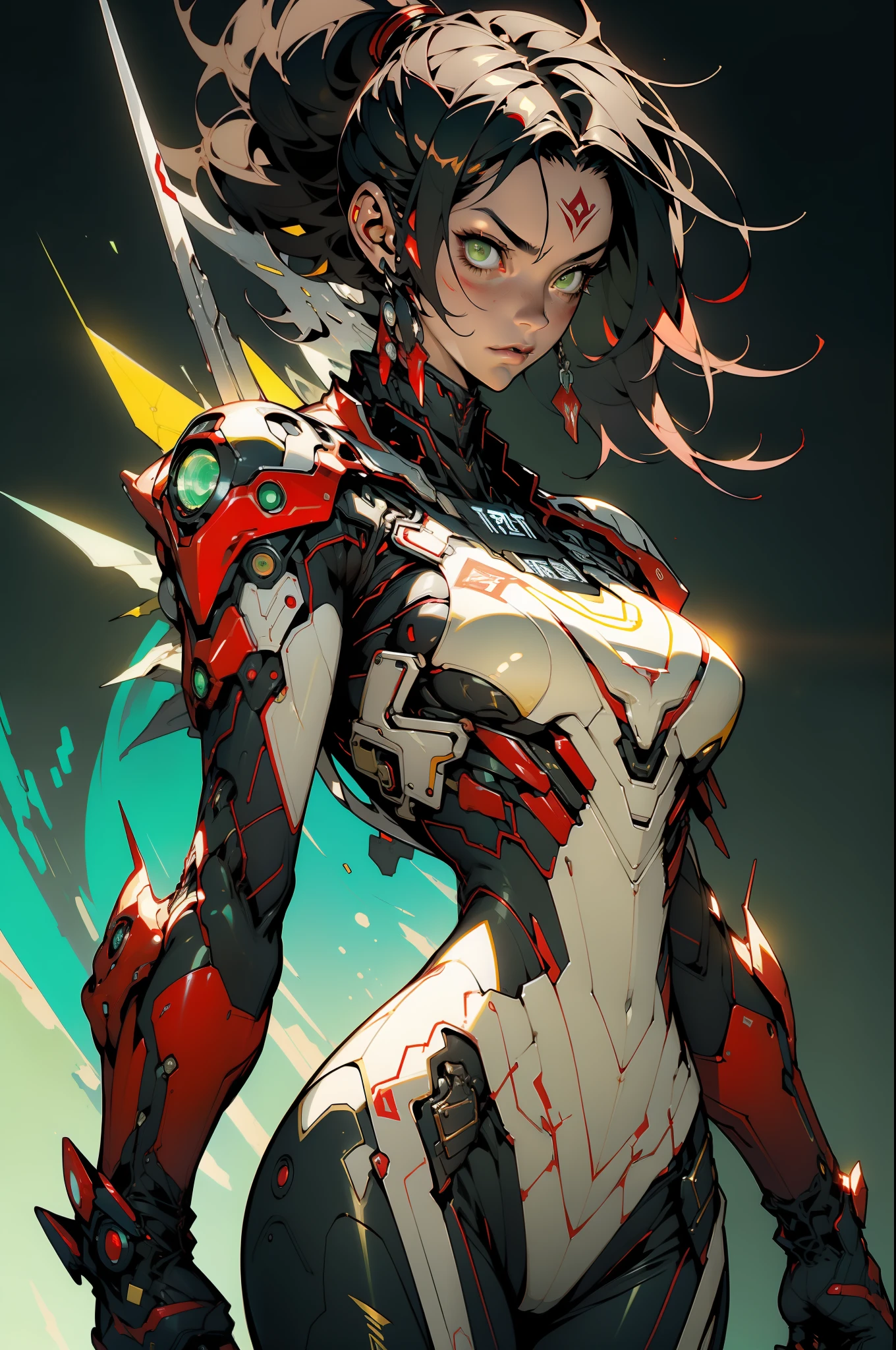 ((Best quality)), ((masterpiece)), (detailed: 1.4), (Absurd), Caucasian woman fighter pilot ready for war, perfect body, Lara Croft, defined muscles, bare half-thick thighs, closed mouth, only in panties, muscular body covered by technological clothing, Neon Genesis Evangelion style, cyberpunk, generous neckline, ((perfect large breasts)), (green eyes), (((yellow, dark blue, red and white clothing)), (((short black straight hair))), (thin stripes covering breasts), (Yakuza tattoo on arms), short underwear, garter belt, by mucha, niji --V5, close to real, psychopathic, crazy face, sexy pose, background with a giant Gundam style robot head, 2 piece clothing, pointed shoulder pads, pastel, centered, scale to fit dimensions, HDR (High Dynamic Range),Ray Tracing,NVIDIA RTX, Super-Resolution,Unreal 5,Subsurface Dispersion, PBR Texture, Post-processing, Anisotropic Filtering, Depth of Field, Maximum Clarity and Sharpness, Multilayer Textures, Albedo and Specular Maps, Surface Shading, Accurate Simulation of Light-Material Interaction, Perfect Proportions, Octane Render, Two-Tone Lighting, Wide Aperture, Low ISO, White Balance, Rule of Thirds, 8K RAW