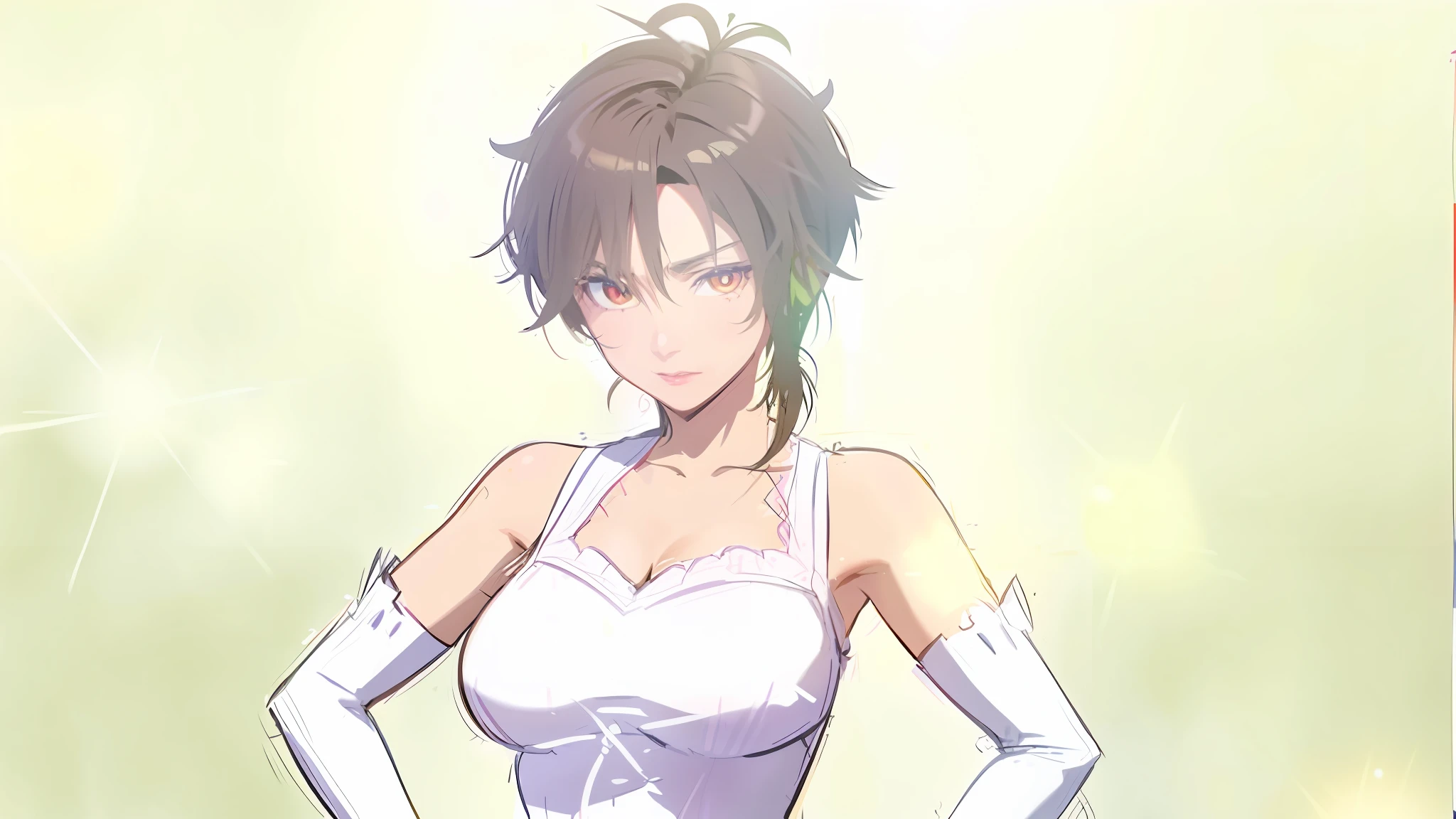 Anime girl in a white dress with a white bra top, like a princess, female anime character, godess looking angry, Amaha Masane, antenna hair, witchblade, short hair, brown hair, yellow eyes, colored sclera, black sclera, posing for an image, realistic 3D style anime, realistic 3D anime, seductive anime girl, attractive anime girl, render photorealistic anime girl, photorealistic perfect body, beautiful seductive anime woman, hyper realistic anime, realistic shaded perfect body, casual pose, 3d style anime, 3d anime girl, highly detailed anime, Amaha Masane, antenna hair, witchblade, short hair, brown hair, yellow eyes, colored sclera, black sclera