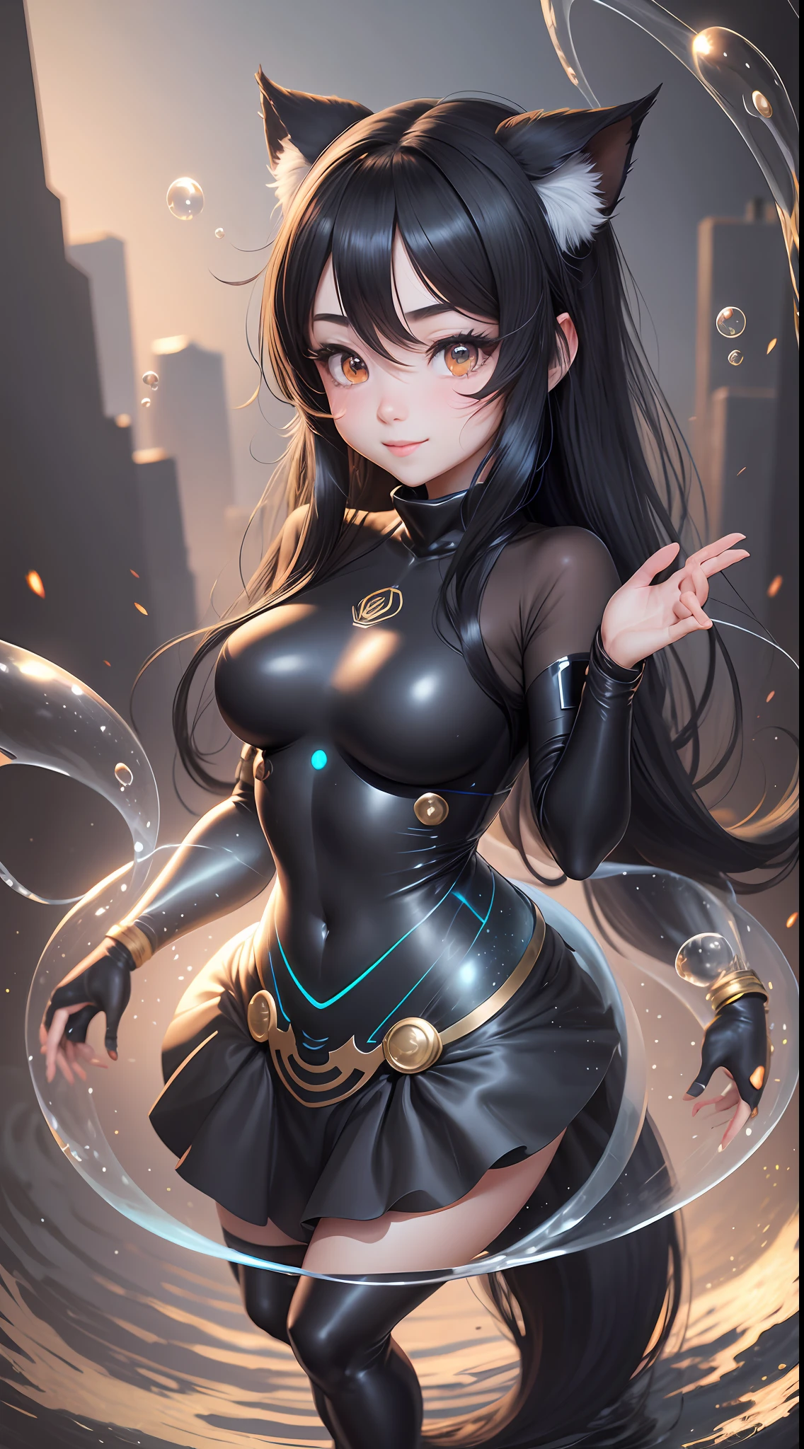 Full body shape, black hair, hair bubbles, cringe, long eyelashes, solid round eyes, light smile, ear blush, double tail, anime style, atmospheric perspective, 8k, super detail, ccurate, best quality --auto --s2