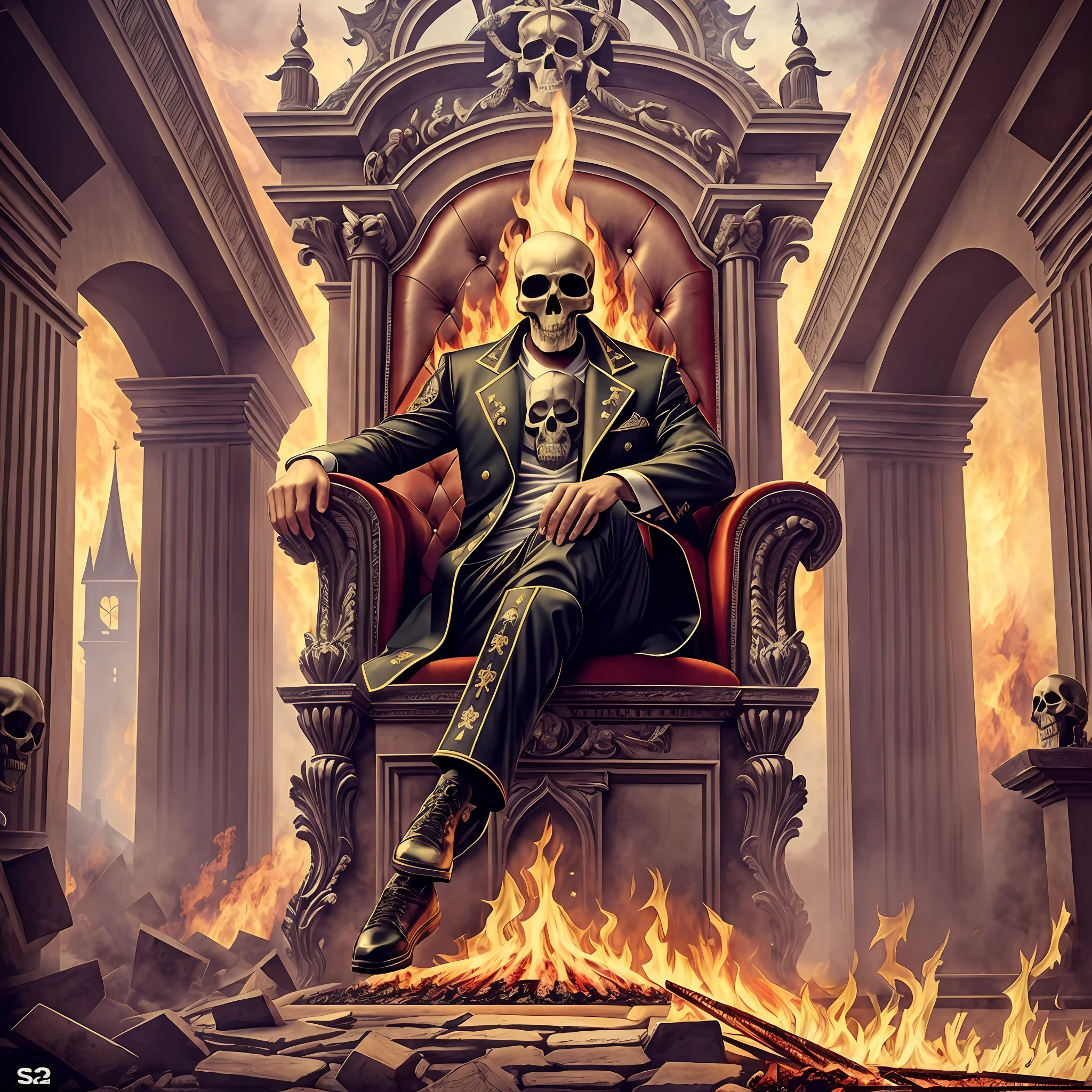 ((best quality masterpiece)),a man, head a skull on fire, sitting on a throne features demonic castle,clothing social pants social shirt --auto --s2