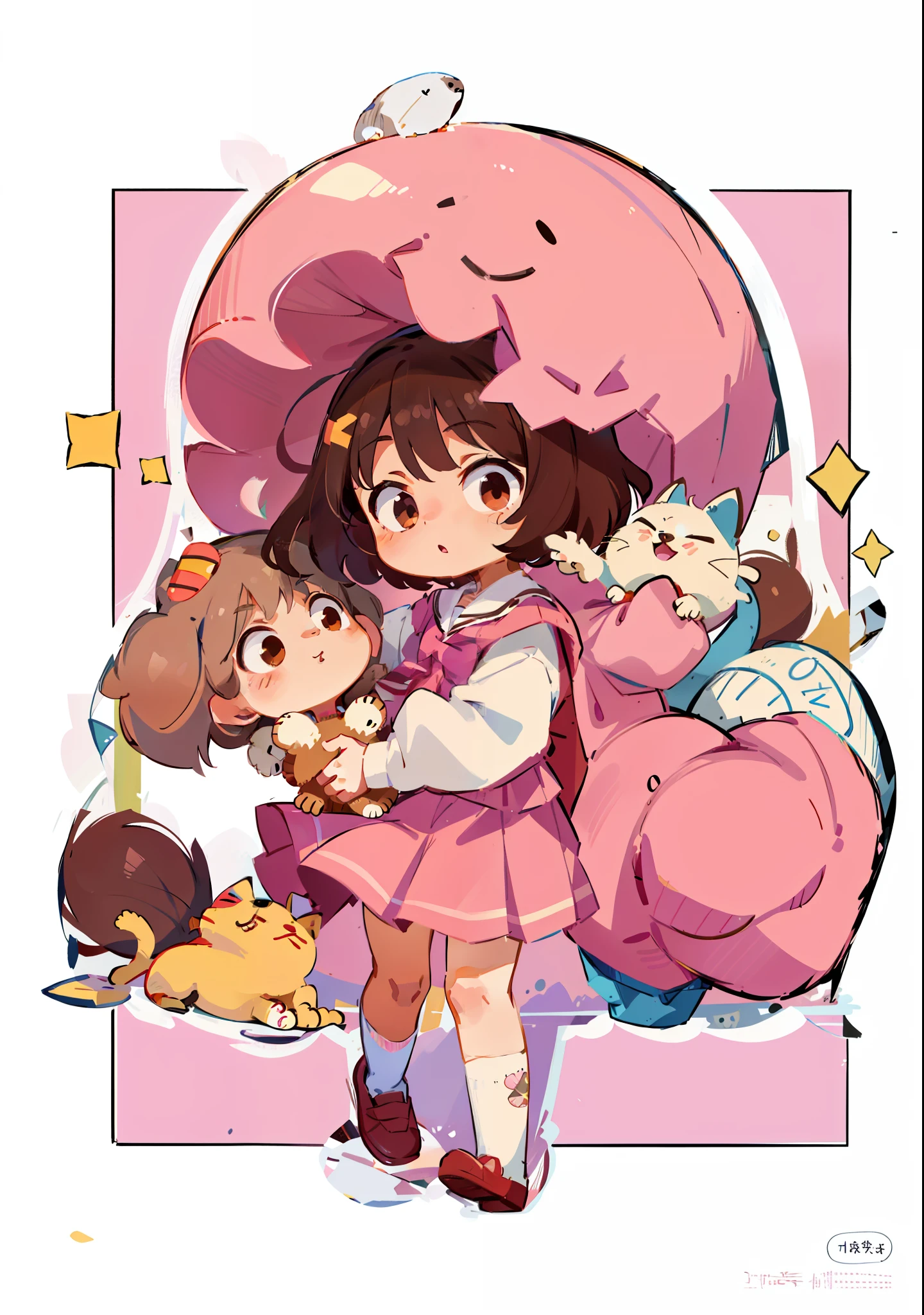 Cute cartoon girl with brown hair, wearing a cute pink school uniform with a cute cat next to her