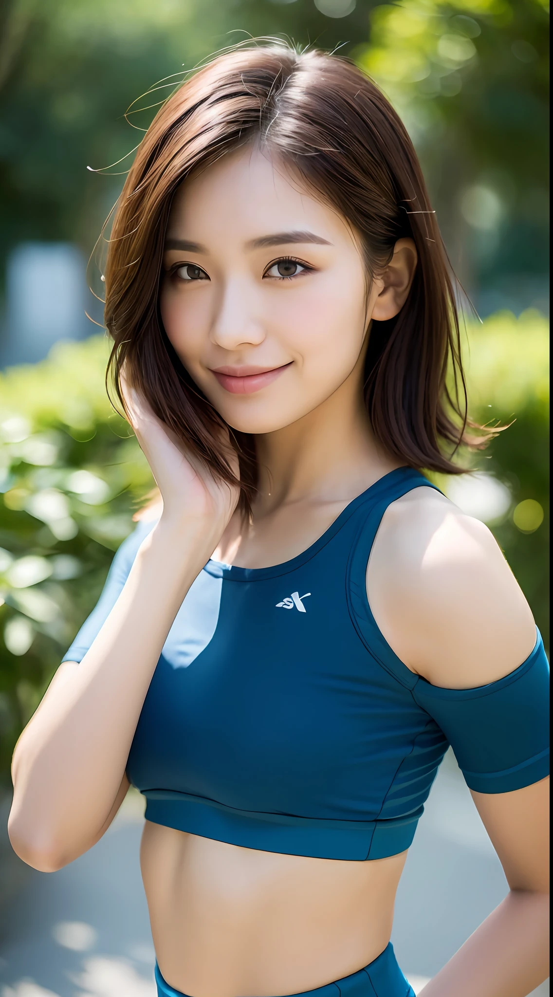 ((Top Quality, 8k, Masterpiece: 1.3)), Sharp Focus: 1.2, Perfect Body Shape Pretty Woman: 1.4, Slender Abs: 1.2, (Layered Haircut, Big: 1.8), (Sports Bra: 2.0), (Jogging: 1.8), (Street: 1.2), Highly Detailed Face and Skin Texture, Detailed Eyes, Double Eyelids, Smile, Bokeh,