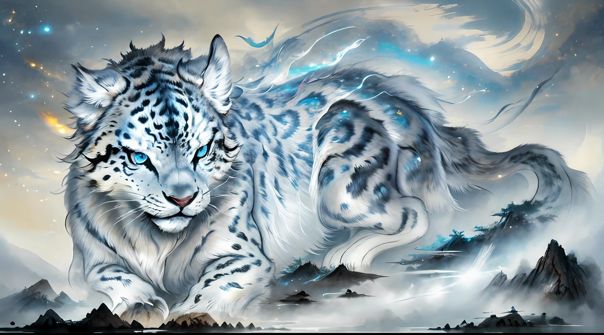 (high quality), ray tracking, epic landscape, monster, glowing, ink painting, Mythical creatures, 
an animal, (close-up:1.2), (snow leopard:0.5), (mengji:1.2), beautiful eyes, (snow mountain:0.7), (ice:0.9), dream background,