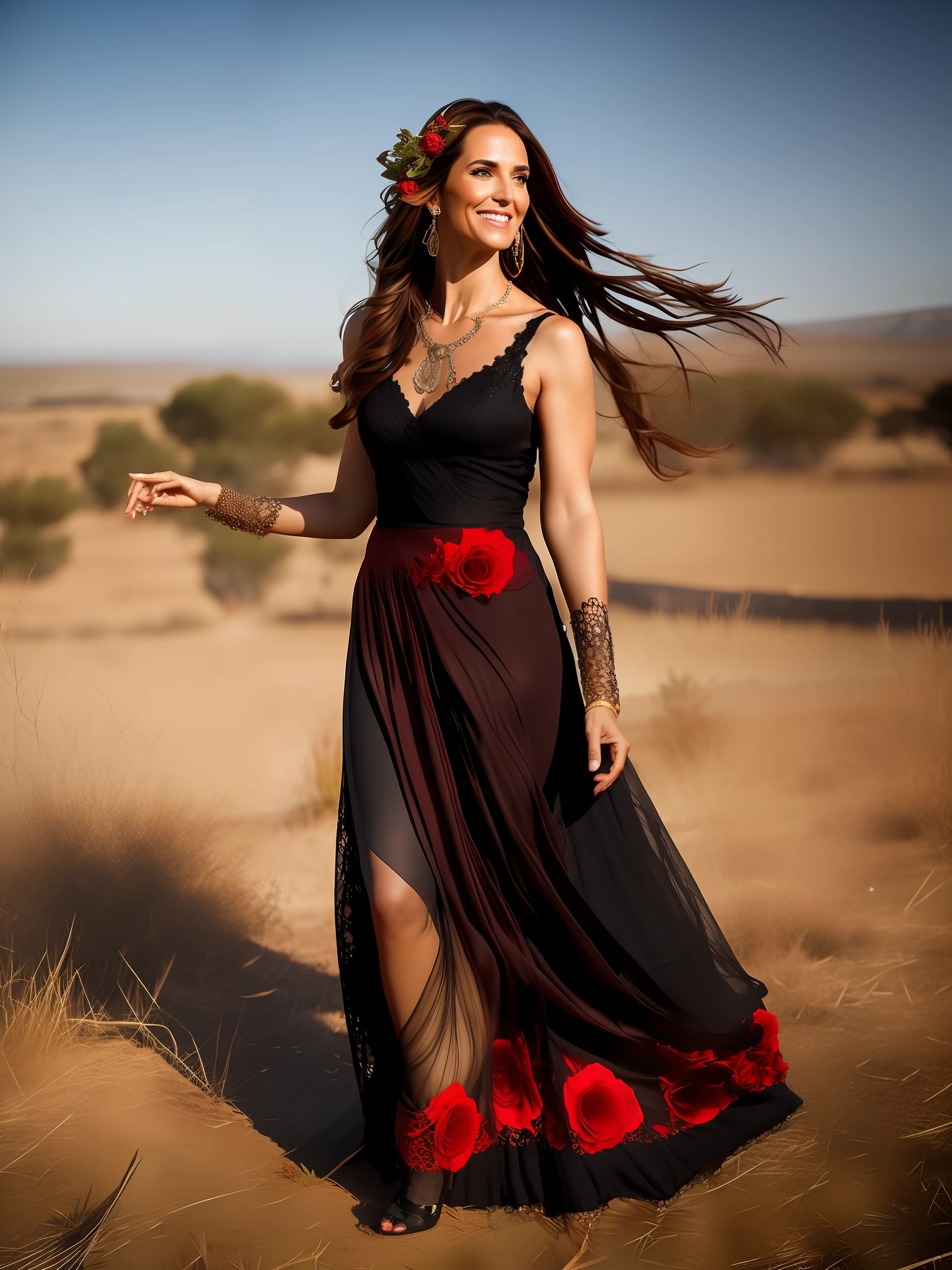 Portrait of a 40-year-old Spanish woman, hair very long and loose, (red rose in her hair), cheeky dove-turning, piercing gaze, she is dancing to a bonfire in a savannah, black and red lace dress and golden jewelry.