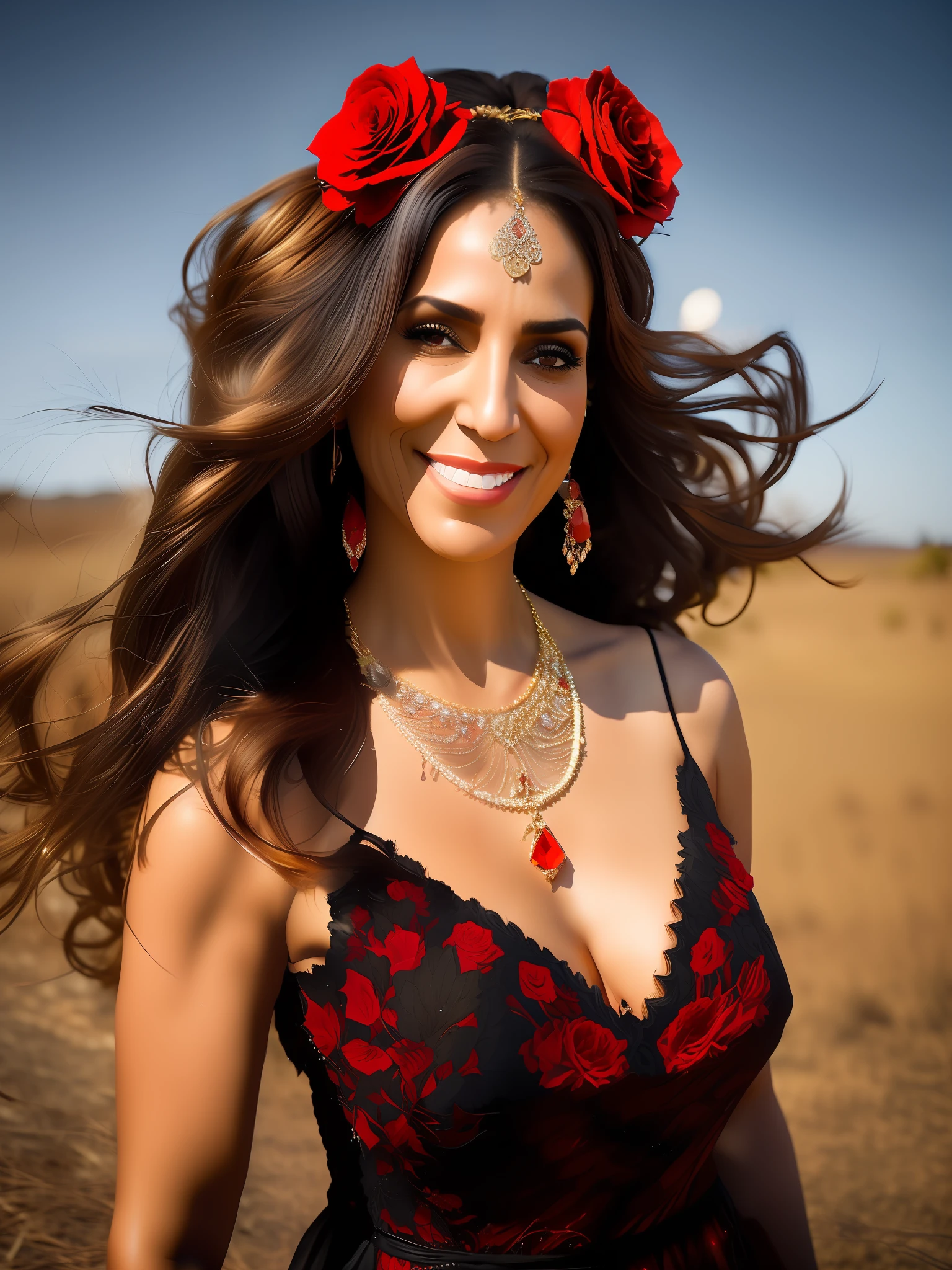 Portrait of a 40-year-old Spanish woman, hair very long and loose, (red rose in her hair), cheeky dove-turning, piercing gaze, she is dancing to a bonfire in a savannah, black and red lace dress and golden jewelry.