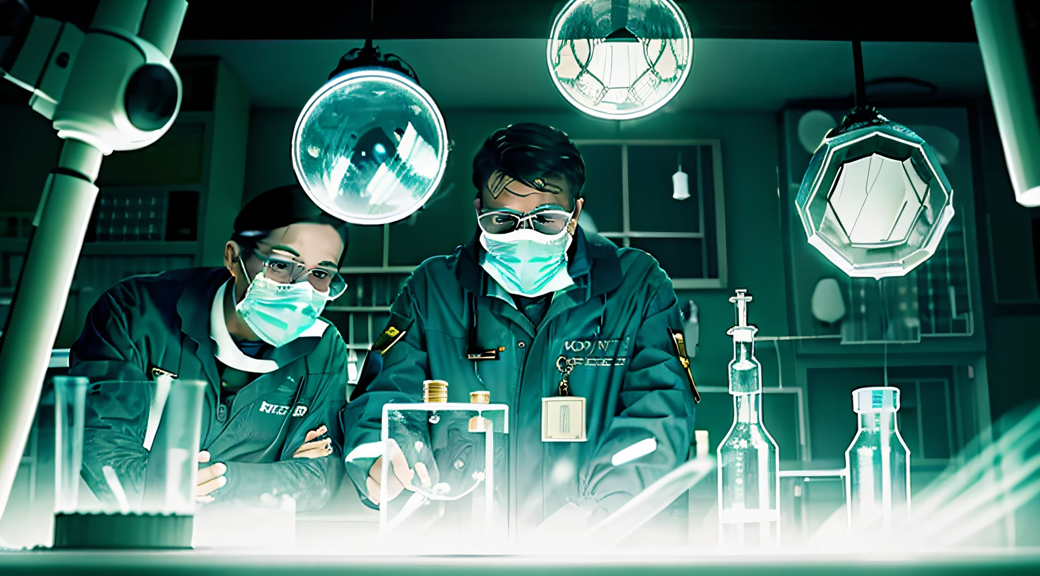 Doctors in a laboratory, looking under the microscope, destroyed environment, broken glass everywhere, realistic image, cinematic, dark, sad doctors.