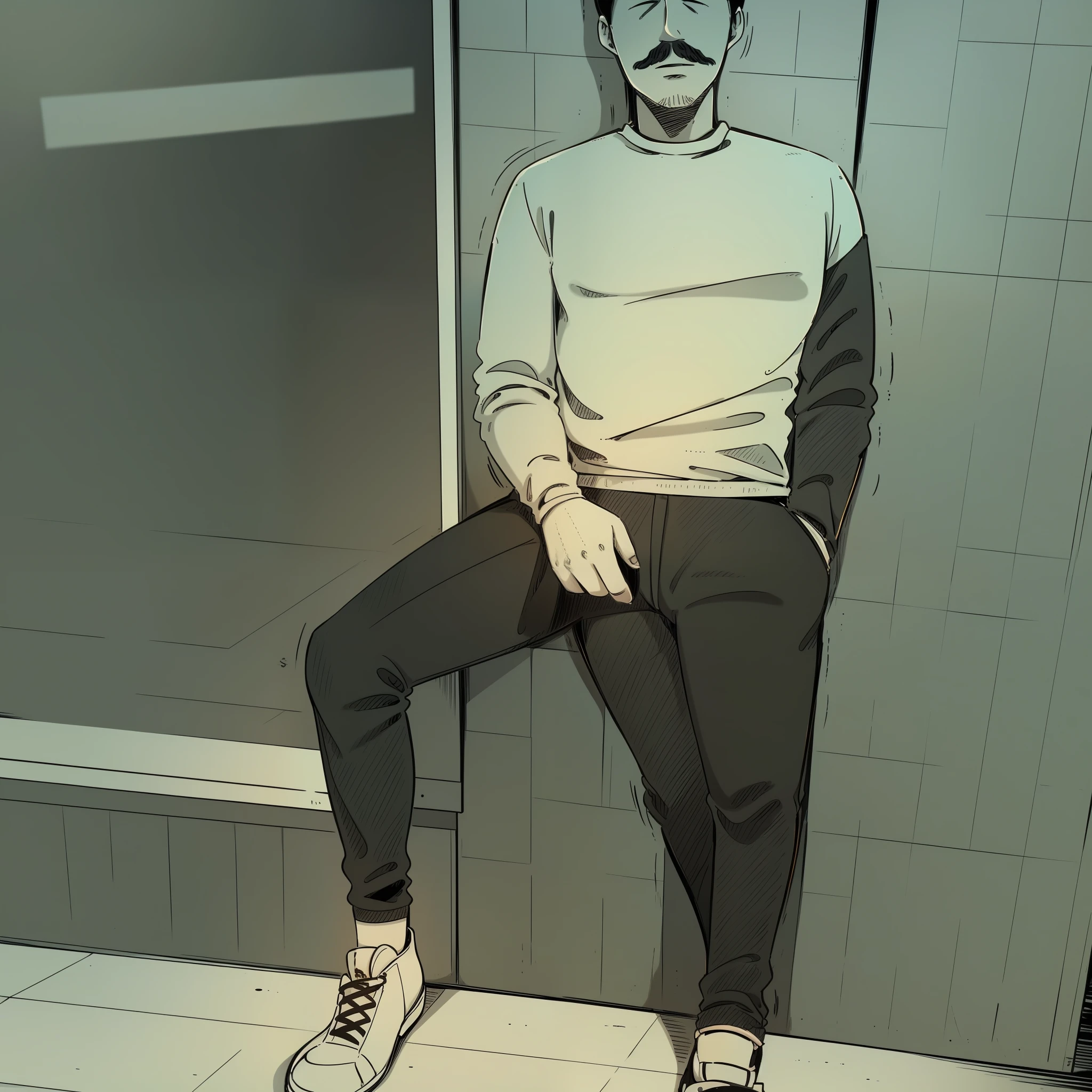 Drawing of a dark young man with a chevron mustache, with a haircut called ladinho. wearing a long-sleeved raglan top, black pants with All Stars sneakers