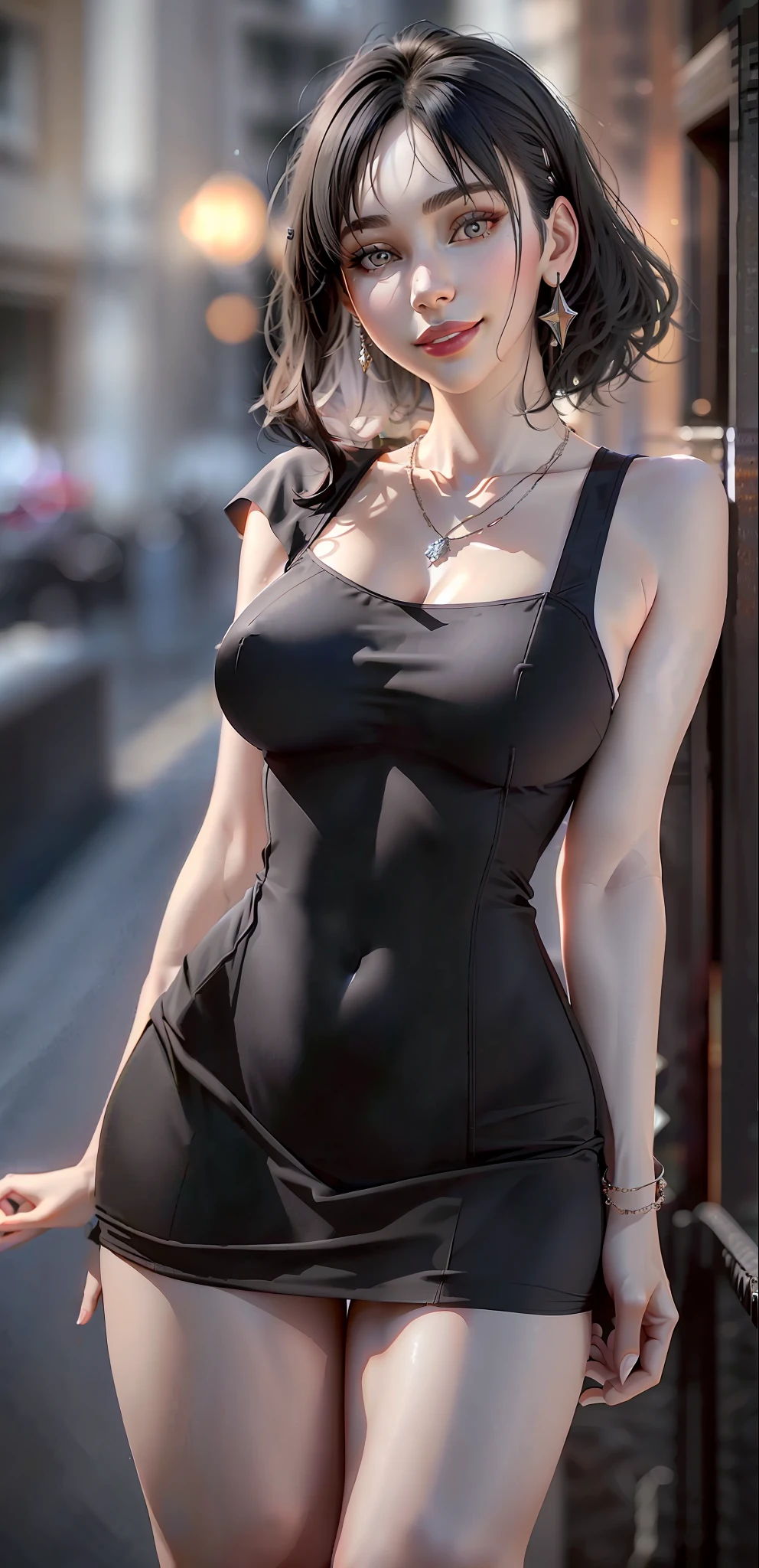 Best quality, masterpiece, high_res, girl, hair decoration, necklace, jewelry, beautiful detailed face, gray eyes, red full lips, big smile, face makeup, black hair, 
Short Hair, International Fashion, High Wear, Full Body Cover, Tight Dress, Full Body Detailed, Europe Effect, Multiplicity, Realistic Photos, Edge Lighting, Two-Tone Lighting, (High Detail Skin: 1.2), 8K UHD, DSLR, Soft Lighting, High Quality, Volumetric Lighting, Candid, Photography, High Resolution, 4K, 8K, Bokeh, Ridiculous,