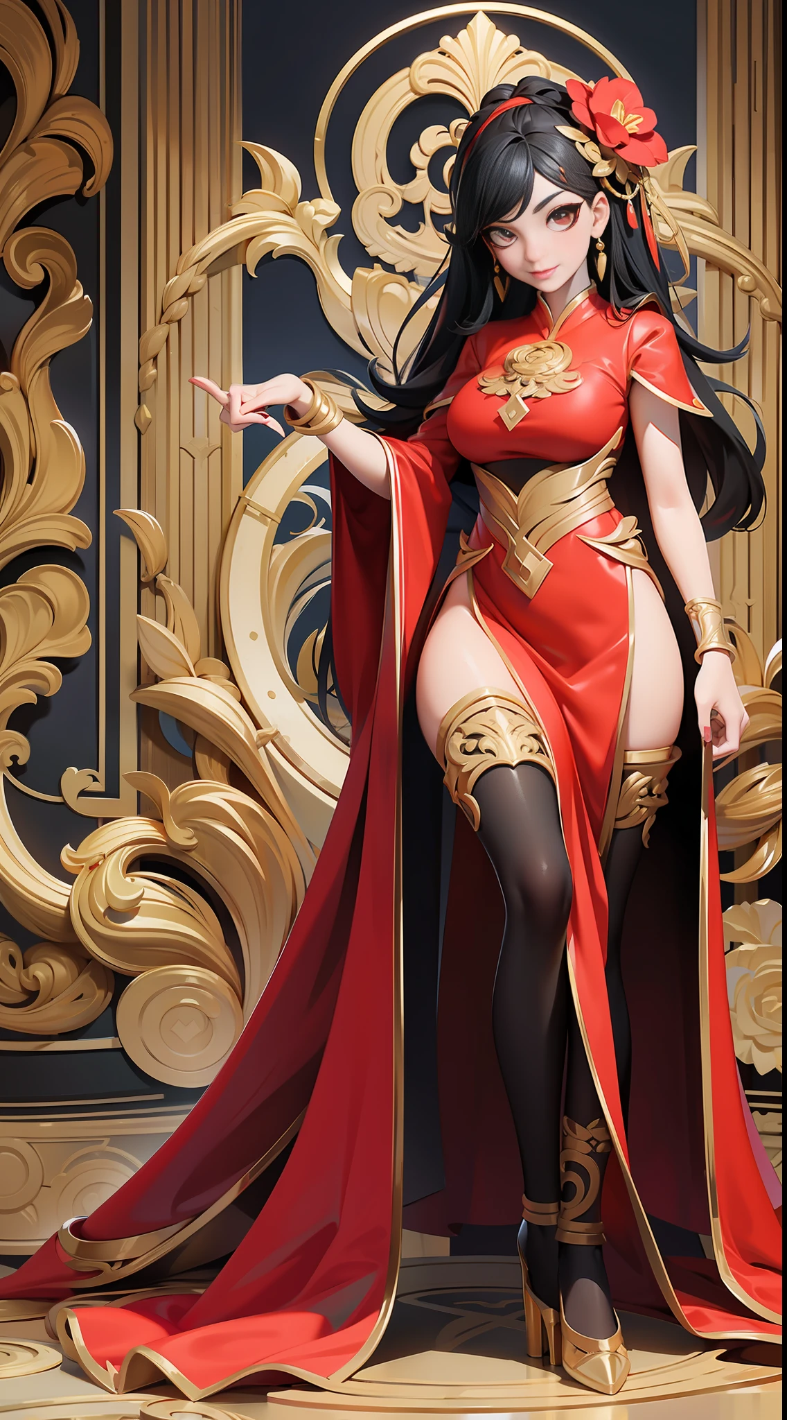 full body picture Unreal Engine 5 8K UHD of beautiful female, red Vietnamese dress, goddess, red heels, long black hair gold accessories, lovely face, beautiful make up, best quality, masterpiece