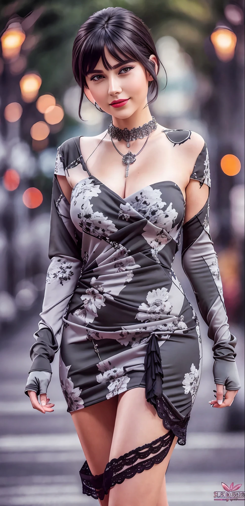 Best quality, masterpiece, high_res, girl, hair decoration, necklace, jewelry, beautiful detailed face, gray eyes, red full lips, big smile, face makeup, black hair,
Short Hair, International Fashion, High Wear, Full Body Cover, Tight Dress, Full Body Detailed, Europe Effect, Multiplicity, Realistic Photos, Edge Lighting, Two-Tone Lighting, (High Detail Skin: 1.2), 8K UHD, DSLR, Soft Lighting, High Quality, Volumetric Lighting, Candid, Photography, High Resolution, 4K, 8K, Bokeh, Ridiculous,