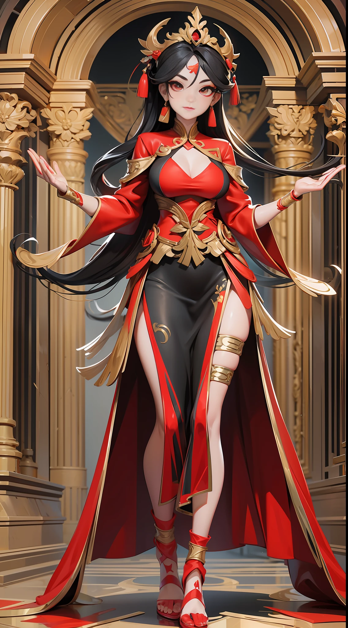 full body picture Unreal Engine 5 8K UHD of beautiful female, red Vietnamese dress, goddess, red heels, long black hair gold accessories, lovely face, beautiful make up, best quality, masterpiece