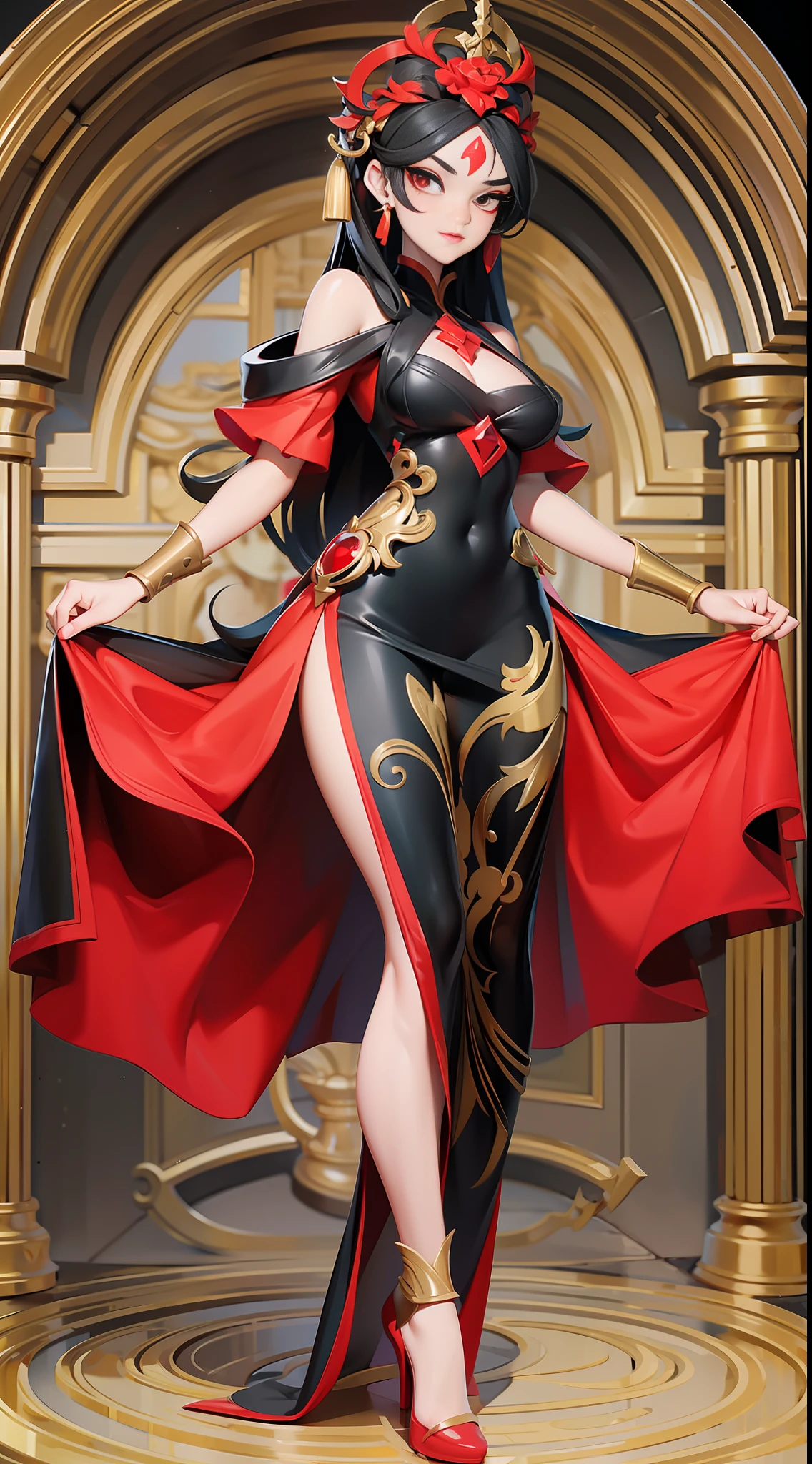 full body picture Unreal Engine 5 8K UHD of beautiful female, red Vietnamese dress, goddess, red heels, long black hair gold accessories, lovely face, beautiful make up, best quality, masterpiece