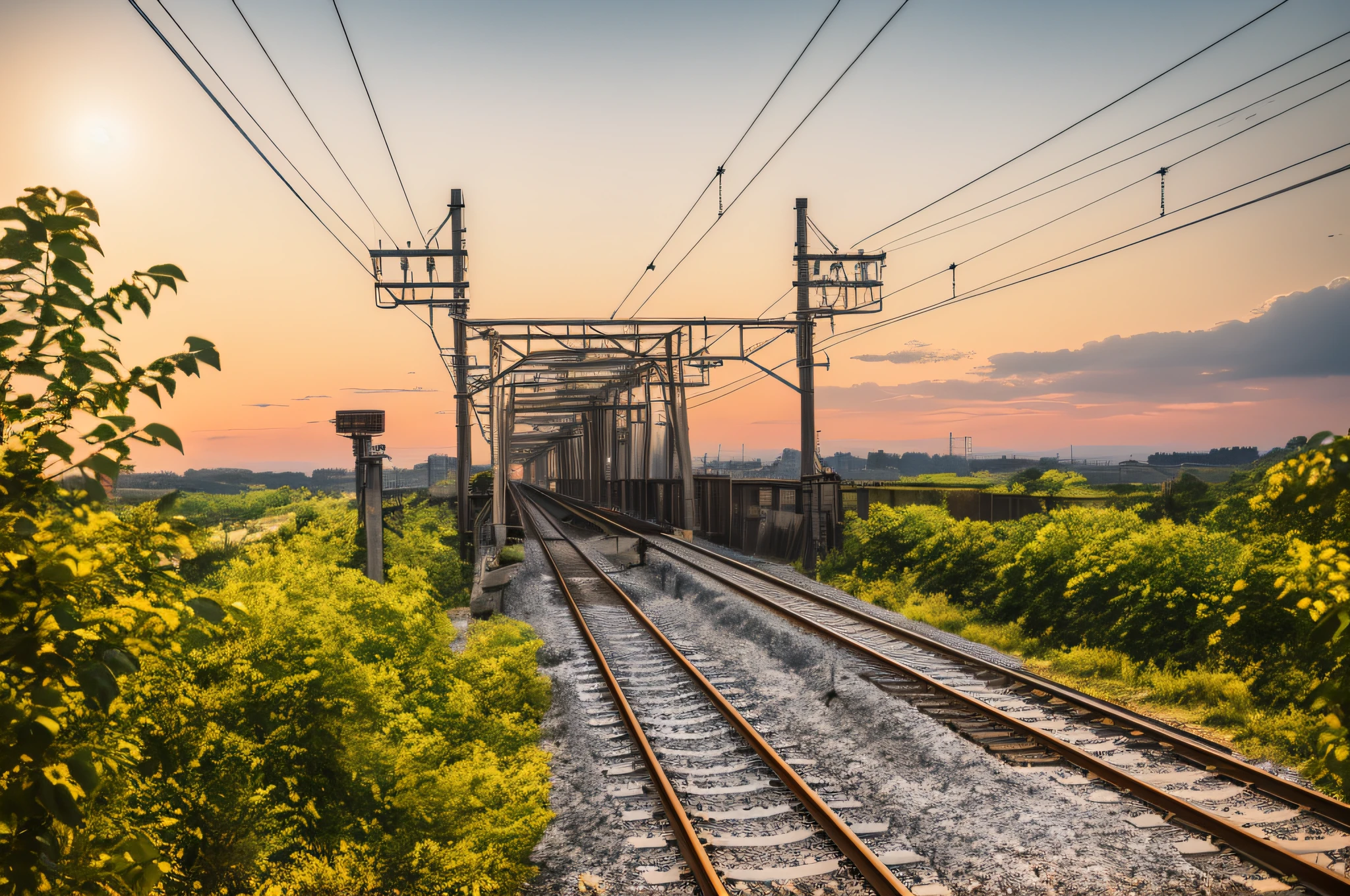there is a train that is going down the tracks in the country, railway tracks going through it, rail tracks, train station in summer, railroad, japan rural travel, rails, platform, single line, the photo shows a large, bullet train, trains in the background, countryside in japan, in the distance, train, rail tracks lead from the mine, overhead wires