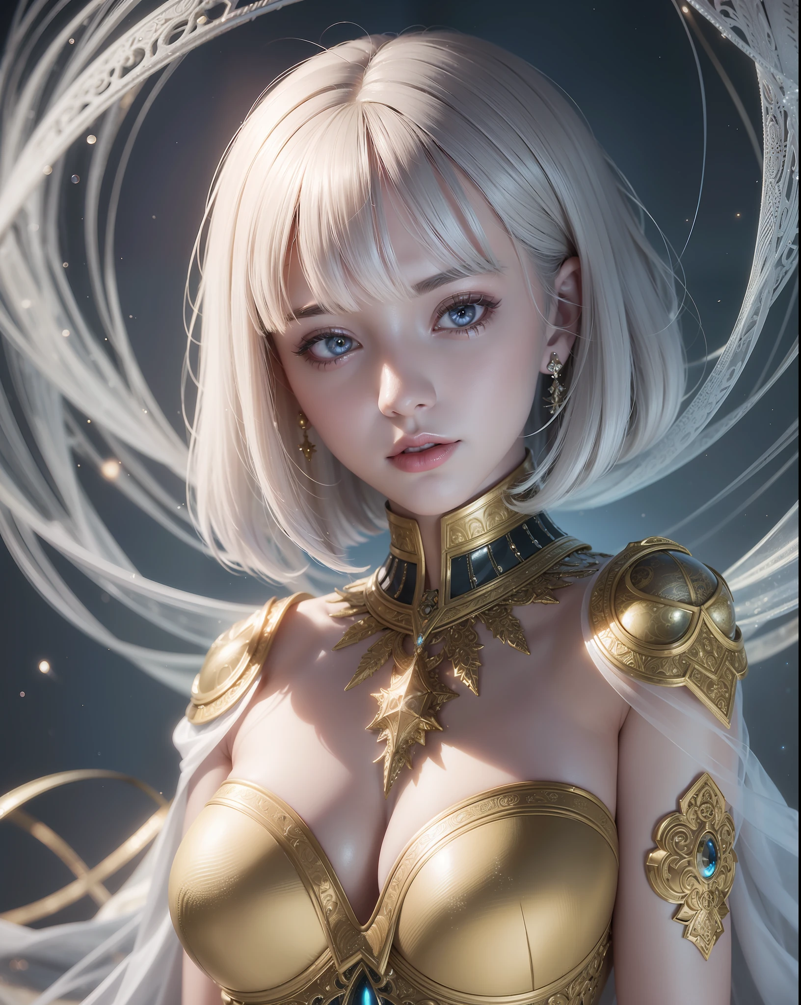 (Masterpiece) realistic Bust to the waist of a beauty hyperrealist & photorealist beauty young astonishing anime girl, Illumination bioluminescence, ices in magic encantations glowing flying surrounded, in highly & extremely detailed fractal low white & golden dress with cape & scarf (masterpiece) Unity 8k, pearly perfect skin with pores (short bob cut hair with colorful bangs fringes) ((perfect face shapes, complete perfect red lips, perfect nose, correct beautiful eyes, eyelashes, detailed intricate iris textured face in ZBrush))  in 8k, full HD vines, midnight aura, glamour aesthetic, developed by Unreal Engine 5, Ultra Sharp Focus, Art by Alberto Seveso, Sci-Fi, Intricate Artwork, golden Ratio, epic, HR Giger STYLE, highly detailed, vibrant, UHD 8K