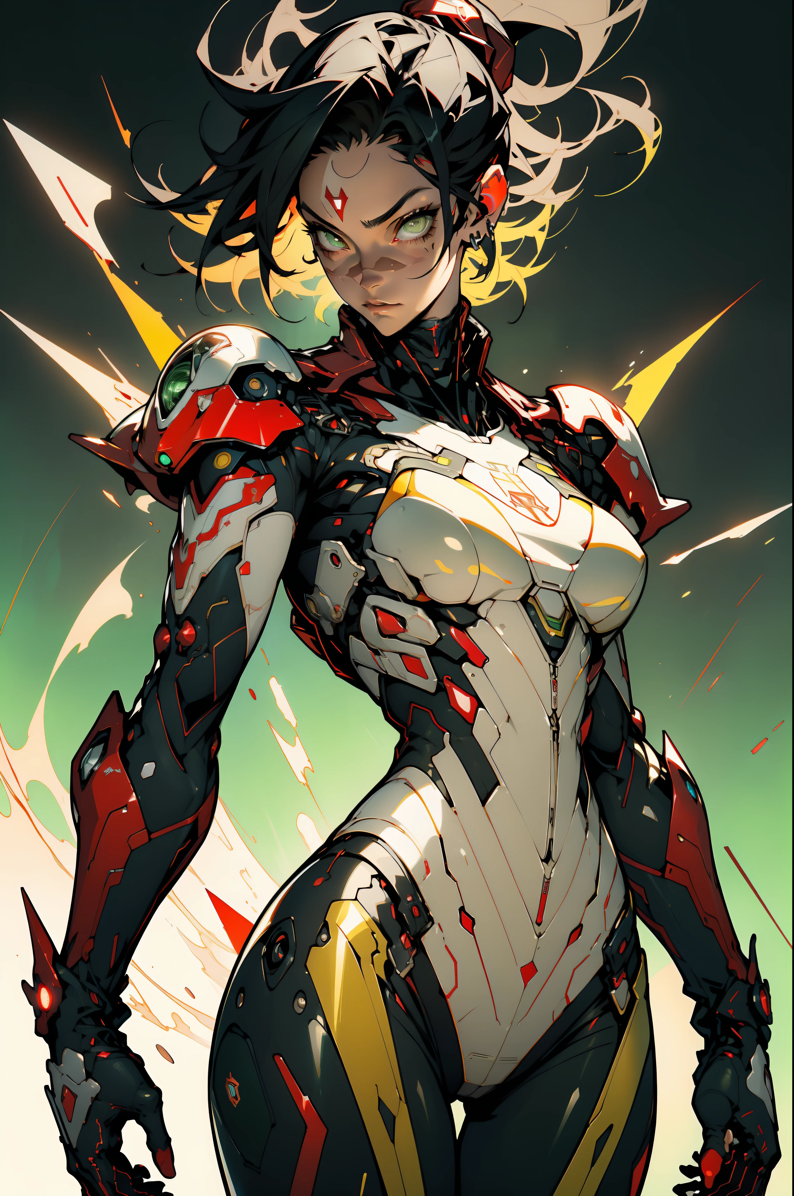 ((Best quality)), ((masterpiece)), (detailed: 1.4), (Absurd), Caucasian woman fighter pilot ready for war, perfect body, Lara Croft, defined muscles, bare half-thick thighs, closed mouth, only in panties, muscular body covered by technological clothing, Neon Genesis Evangelion style, cyberpunk, generous neckline, ((perfect large breasts)), (green eyes), (((yellow, dark blue, red and white clothing)), (((short black straight hair))),  (thin stripes covering breasts), (Yakuza tattoo on arms), short underwear, garter belt, by mucha, niji --V5, close to real, psychopathic, crazy face, sexy pose, background with a giant Gundam style robot head, 2 piece clothing, pointed shoulder pads, pastel, centered, scale to fit dimensions, HDR (High Dynamic Range),Ray Tracing,NVIDIA RTX, Super-Resolution,Unreal 5,Subsurface Dispersion, PBR Texture, Post-processing, Anisotropic Filtering, Depth of Field, Maximum Clarity and Sharpness, Multilayer Textures, Albedo and Specular Maps, Surface Shading, Accurate Simulation of Light-Material Interaction, Perfect Proportions, Octane Render, Two-Tone Lighting, Wide Aperture, Low ISO, White Balance, Rule of Thirds, 8K RAW