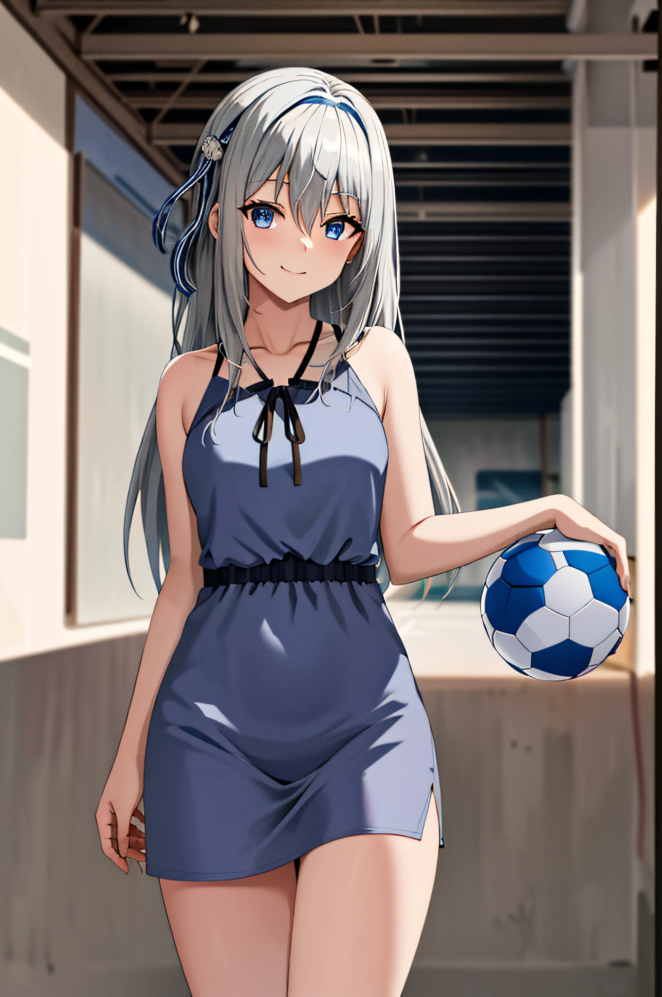 masterpiece, best quality, highres, kei1, 1girl, solo, blue eyes, long hair, (wears an attractive feminine lenceria), ribbon, bangs, collarbone, gray hair, black hair band, neck ribbon, hair between eyes, medium breasts, cowboy shot, smile, anatomically correct full body, this on a football field patting a normal soccer ball, complete detallado escenario