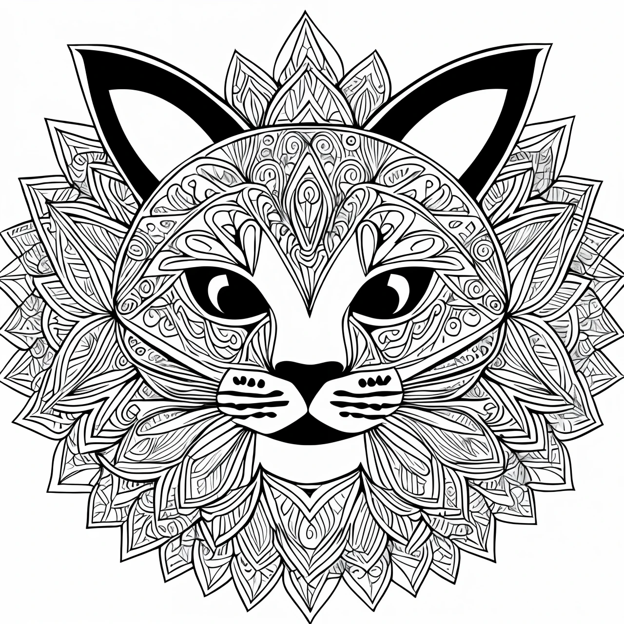 Coloring Pages for Adults, Bold Lines, Mandala Cat Body, Cat Mandala, Symmetrical, White Background, Clean Line Art, Fine Line Art