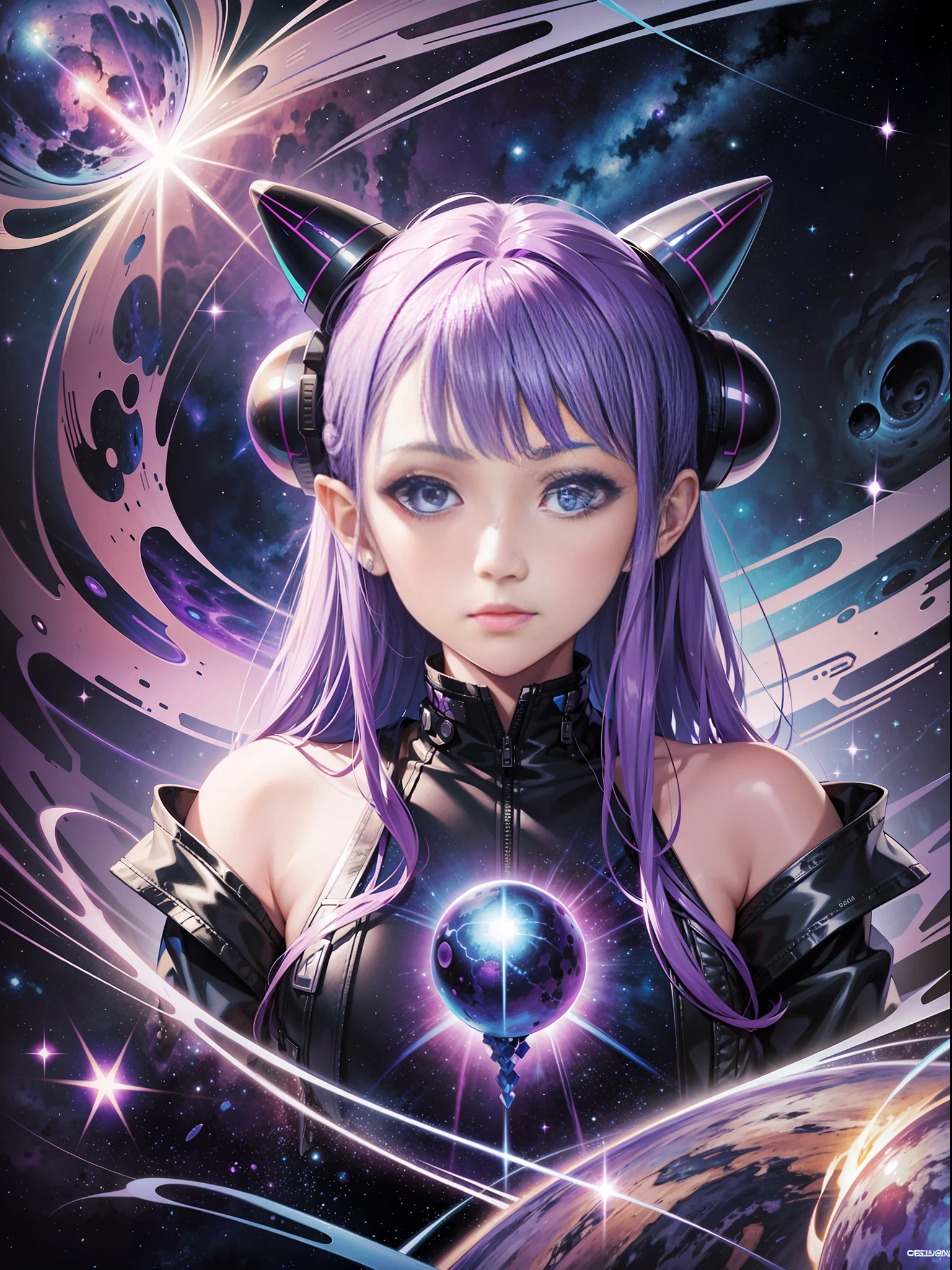 purple and blue space with a cartoon Alien in the middle on a galaxy looking background, notable art style, official concept art, galactic deity, promotional art, high detailed official artwork, jen bartel art style, symmetry, concept art, official artwork,fantasy art.