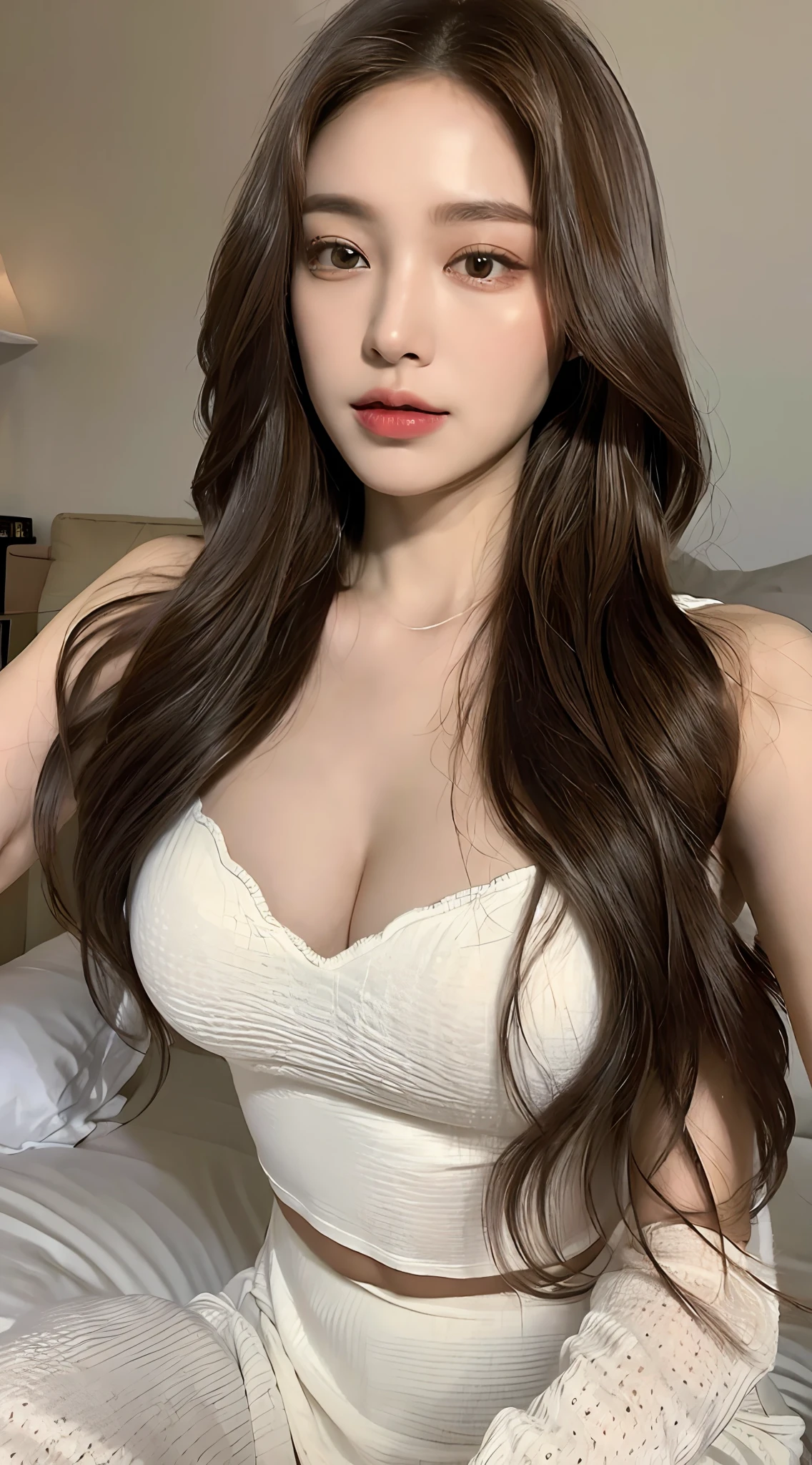 ((Top Quality, 8k, Masterpiece: 1.3)), Beauty, (Big Breasts: 1.9), Hidden Face, 1 Girl, Beauty: 1.3, Slender Abs: 1.1, Camisolet, Long Brunette Hair, (Sitting on the Bed), Ultra-detailed Face, Highly Detailed Lips, Detailed Eyes, Double Eyelids