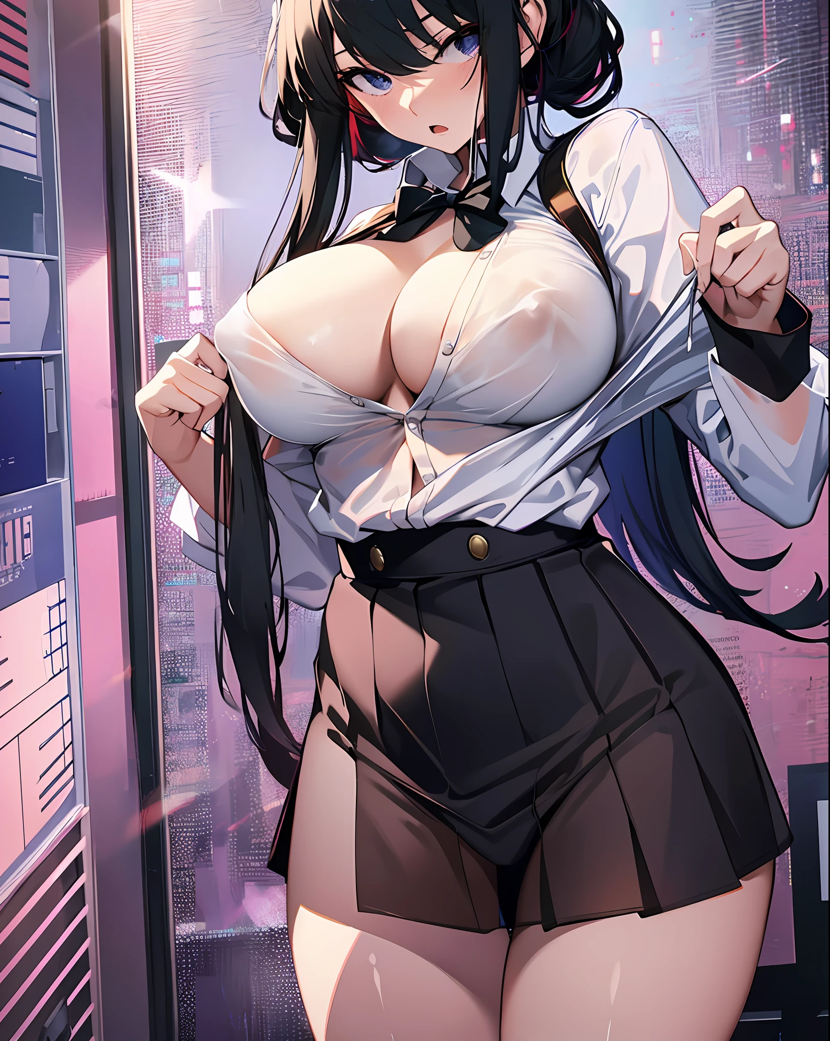 (masterpiece, top quality), 1 girl, NSFW, Schoolgirl uniform, Shy, Show off, cleavage, Panties, Sheer, Flashing, Nipples, transparency, super big tits, 16k, highres, best quality, award winning, high quality, high details, super detail, textured skin, anatomically correct, acurate, retina, UHD, masterpiece,1girl,solo,large breasts, carried breast rest, carrying, cardboard box, school uniform, black hair,kashino,