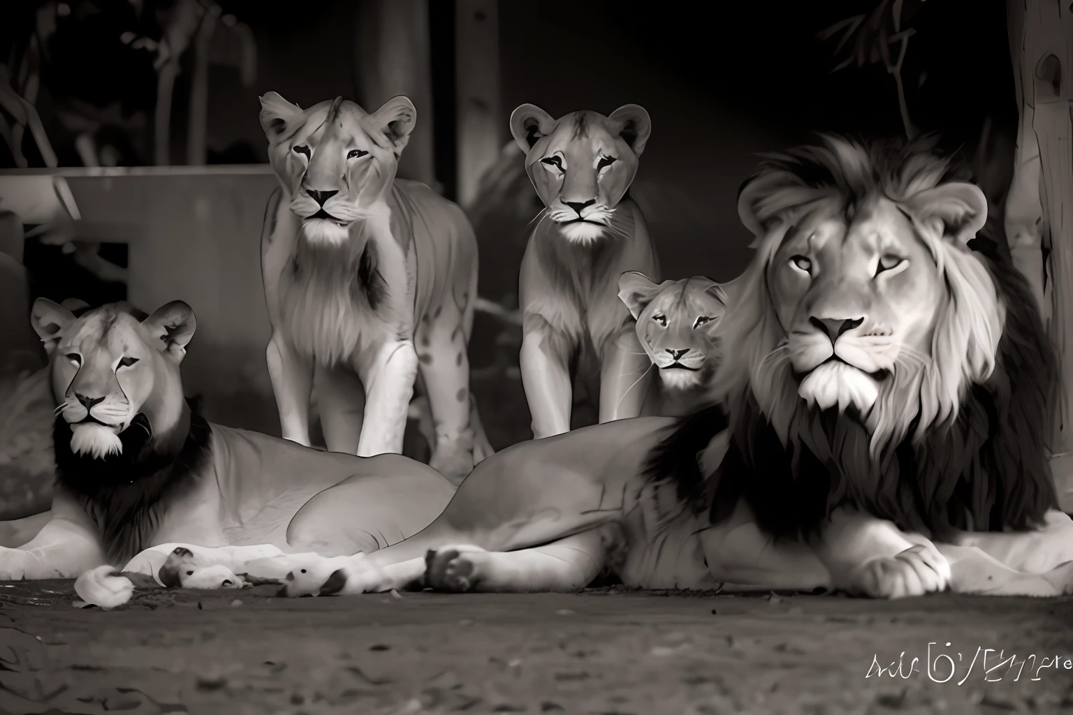 (((B&w)))), Araffes of lions lying on the ground in a zoo, all looking at the camera, looking proud, lions, looking proud, looking at the camera!!!, mane, real photo taken at the zoo, zoo photography, family portrait, real pose, proud look away, proud look, !! Looking at the camera!!, family photo, taken in early 2020 (((black background)))