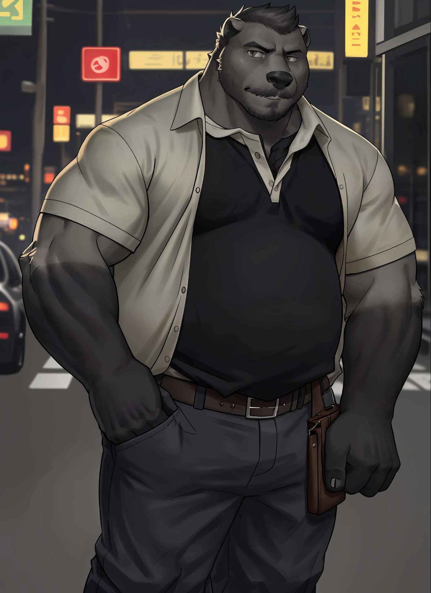 Nikolai Krol, black skin, gray skin, solo, looking at the viewer, shirt, 1boy, male focus, belt, pants, chubby, chubby, suit, social clothing