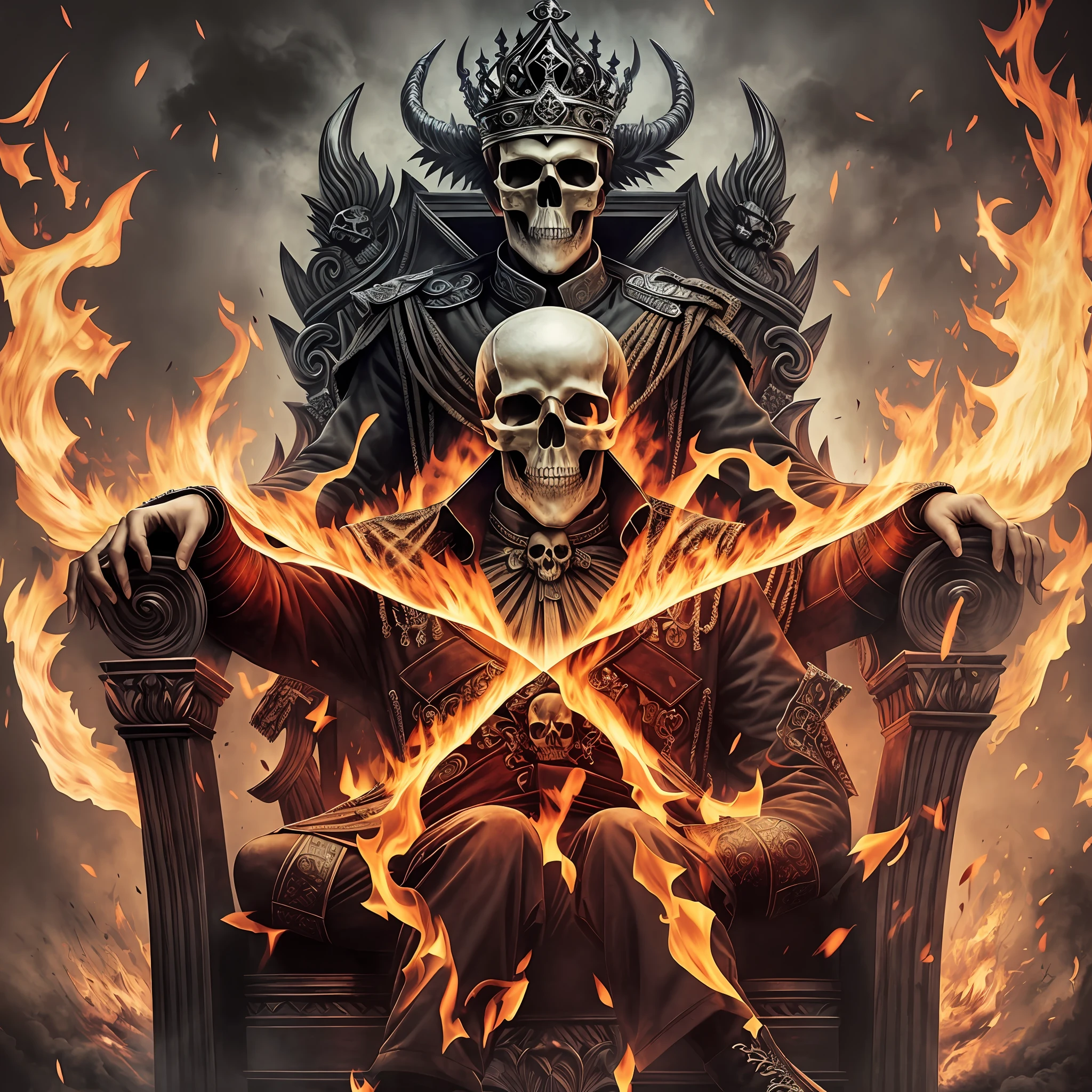((best quality masterpiece)),a man, head a skull on fire, sitting on a throne features demonic castle,clothing social pants social shirt --auto --s2