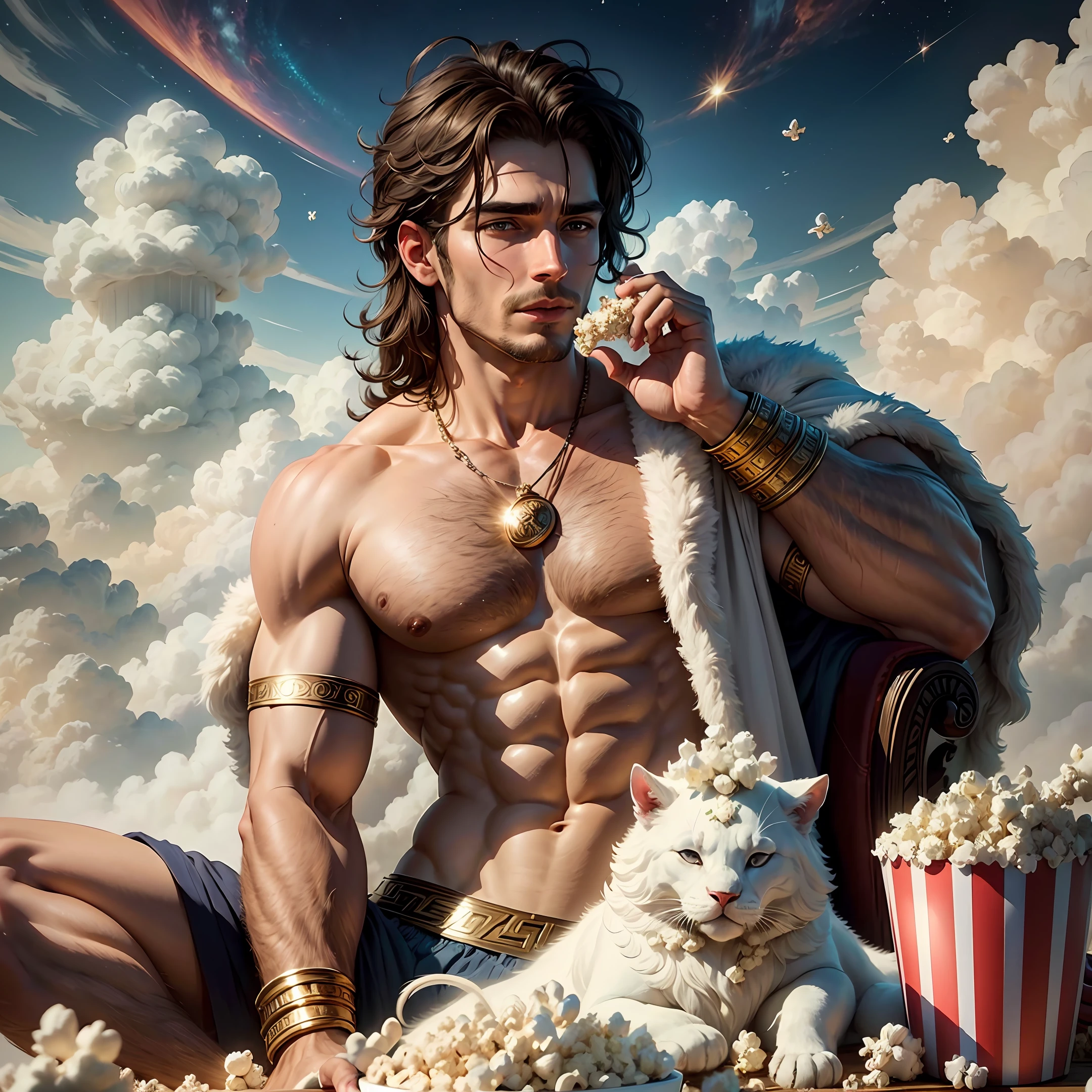 Realistic photo of a Greek God on top of a cloud surrounded by little angels eating gourmet popcorn and watching movies --auto --s2