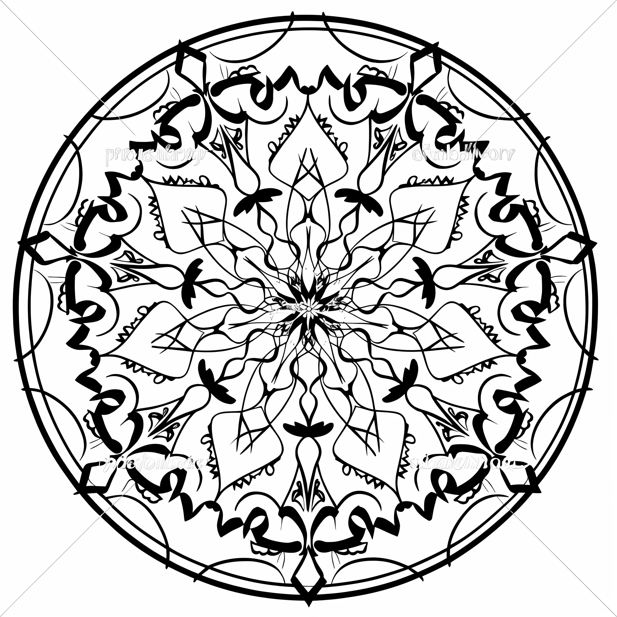 a black and white drawing of a circular design, circle design, symmetrical ornament, intricate ornament, round design, mandala, mandala ornament, intricate design, elaborate geometric ornament, central symmetrical composition, symmetrical design, symmetrical and intricate, intricated design, intricate filagree, design on a white background, symmetric ornaments, symmetrical and detailed