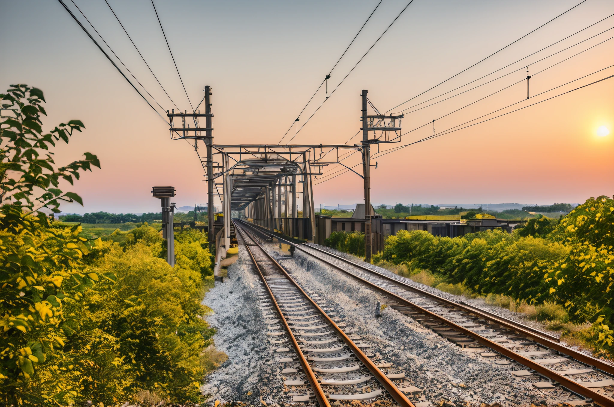 there is a train that is going down the tracks in the country, railway tracks going through it, rail tracks, train station in summer, railroad, japan rural travel, rails, platform, single line, the photo shows a large, bullet train, trains in the background, countryside in japan, in the distance, train, rail tracks lead from the mine, overhead wires
