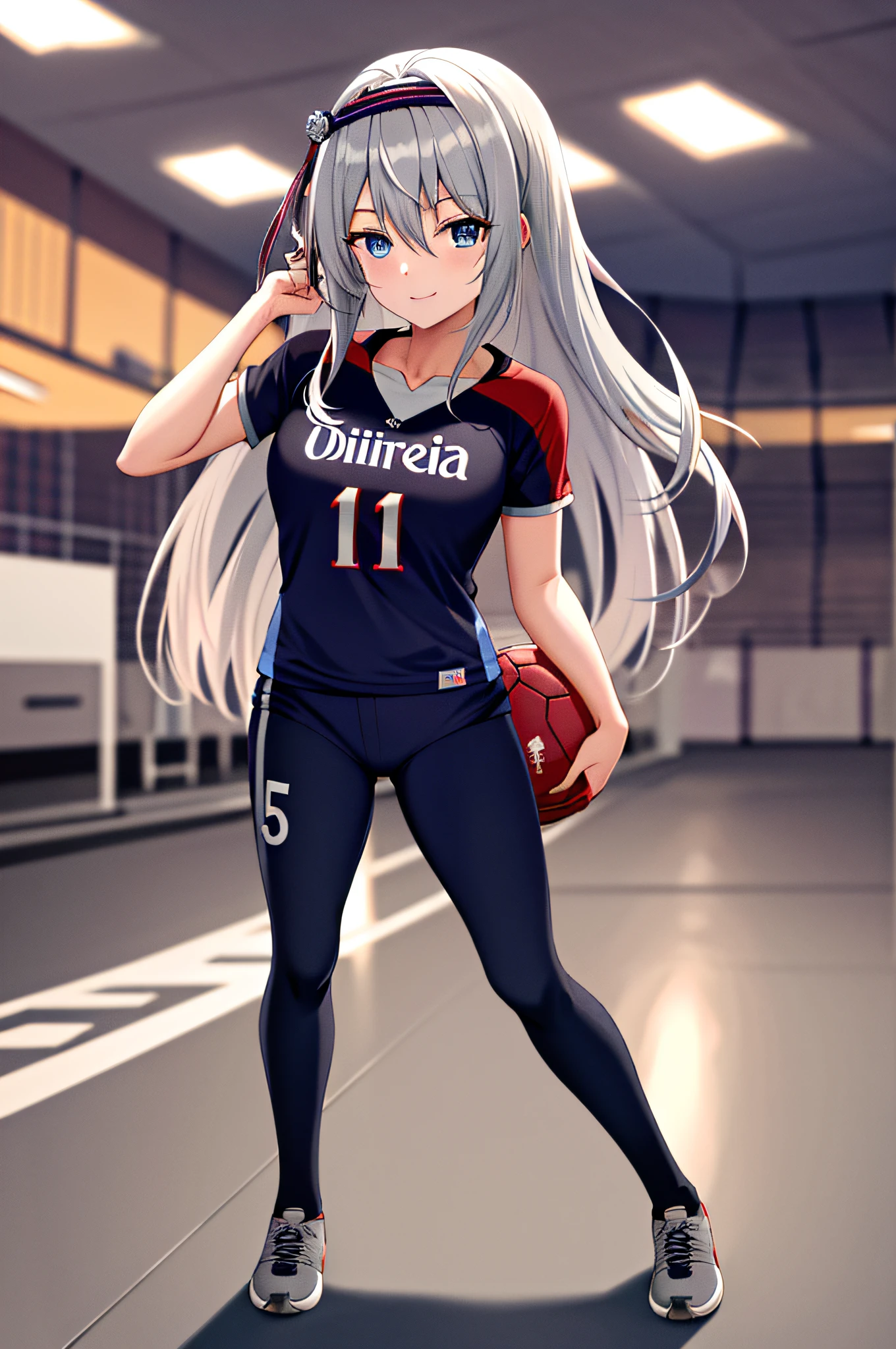 masterpiece, best quality, highres, kei1, 1girl, solo, blue eyes, long hair, (wears a Venezuelan football uniform that is called Red Wine), ribbon, bangs, collarbone, gray hair, black hair band, neck ribbon, hair between eyes, medium breasts, cowboy shot, smile, anatomically correct full body, this on a football field pateando a normal soccer ball,  Complete eScenario detallado